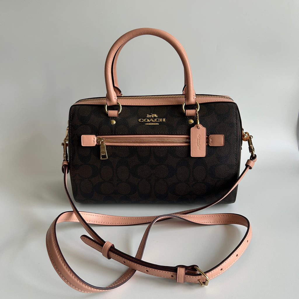 Coach Rowan Satchel Brown Pink Signature Canvas Leather Bag J2198-83607