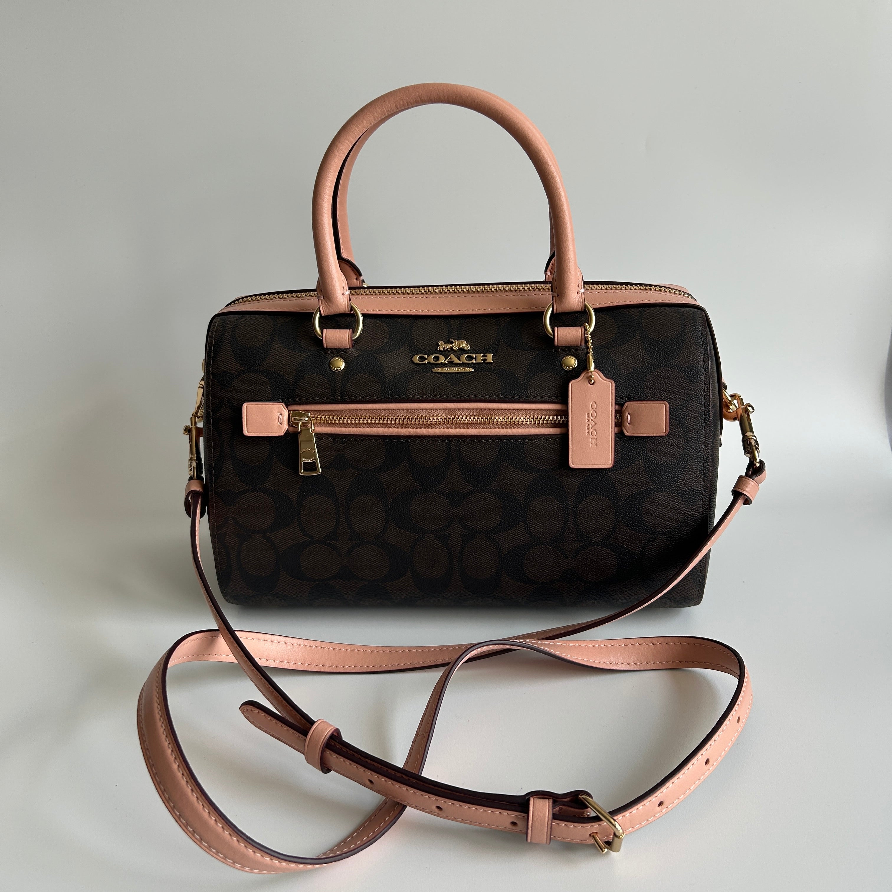 Coach Rowan Satchel Brown Pink Signature Canvas Leather Bag J2198-83607
