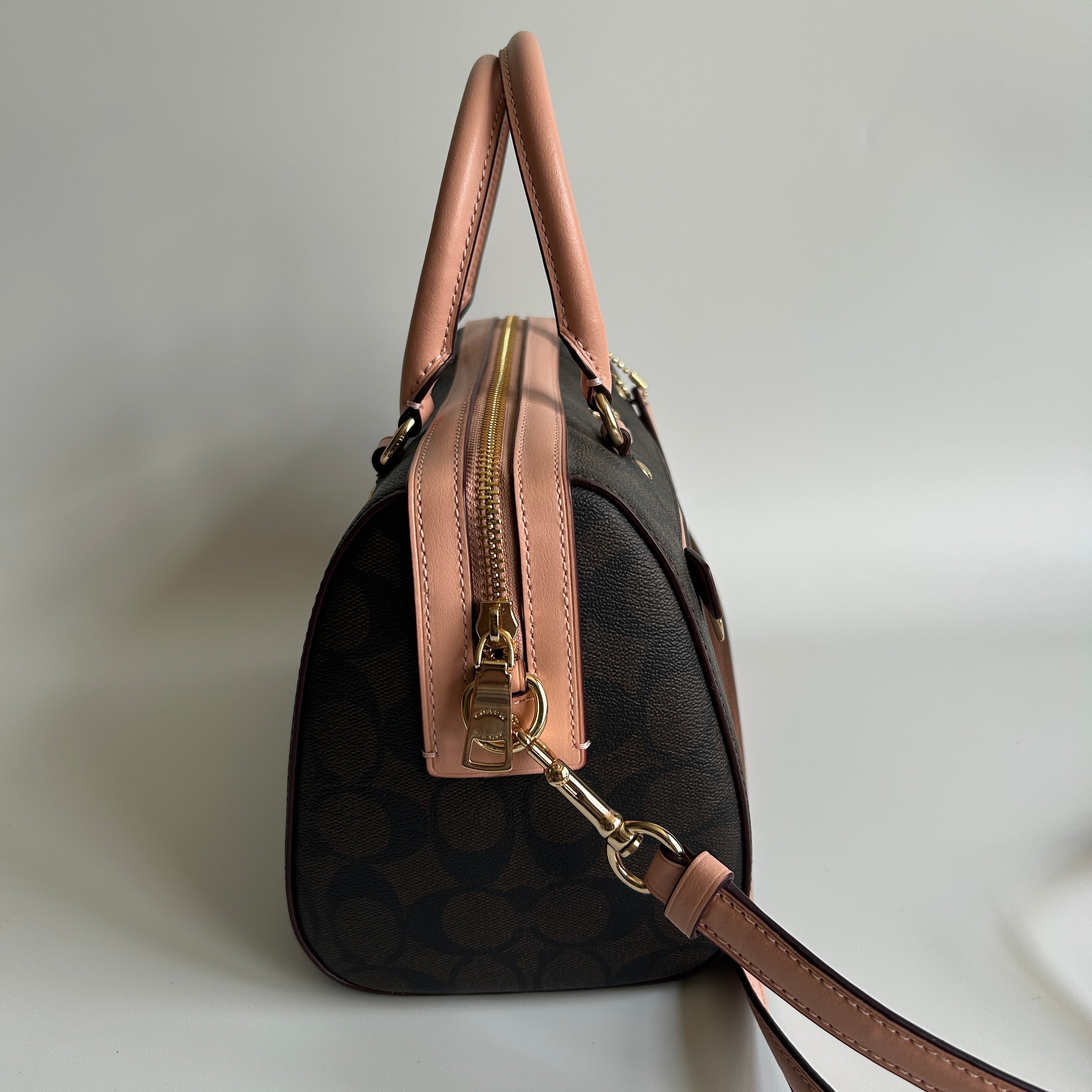 Coach Rowan Satchel Brown Pink Signature Canvas Leather Bag J2198-83607
