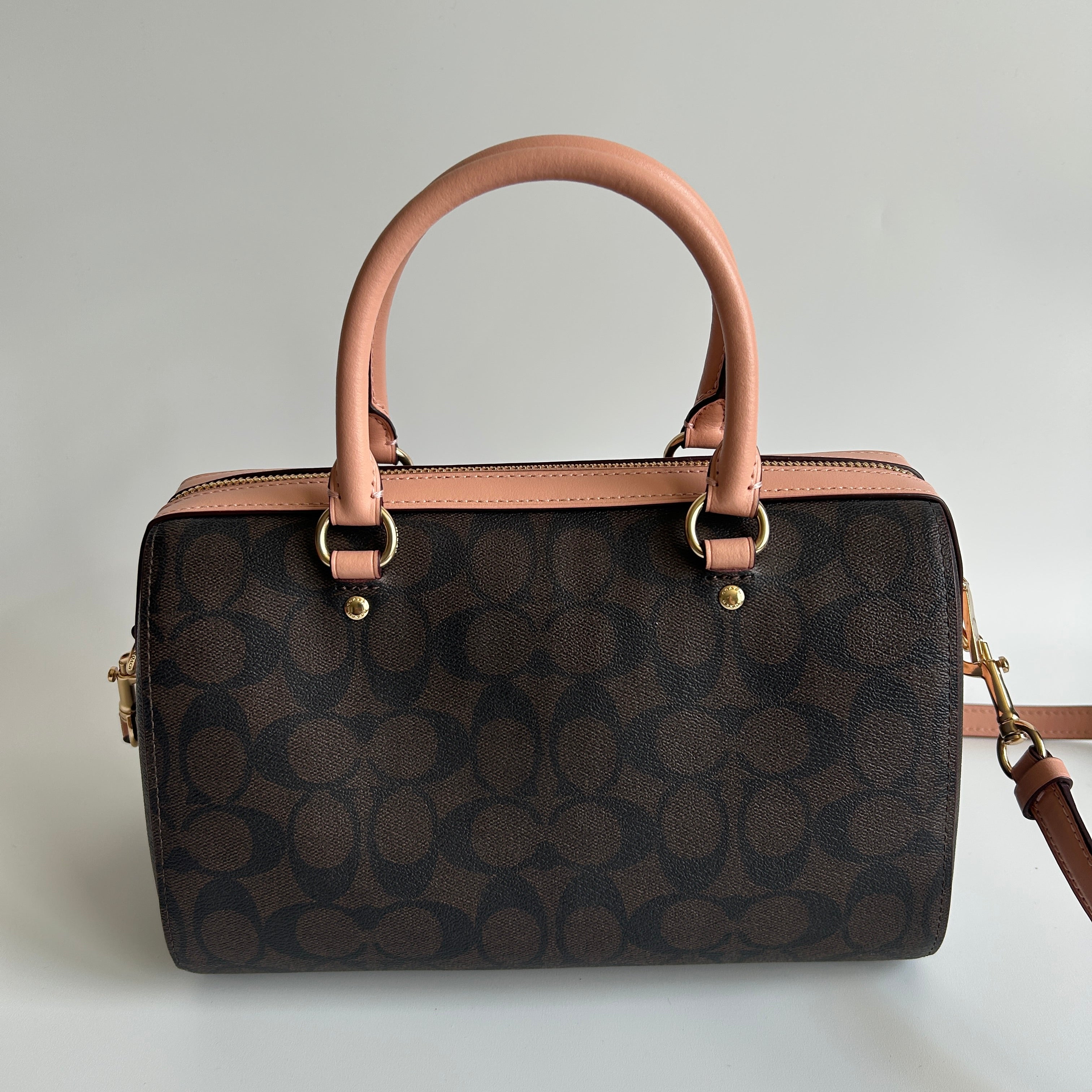 Coach Rowan Satchel Brown Pink Signature Canvas Leather Bag J2198-83607