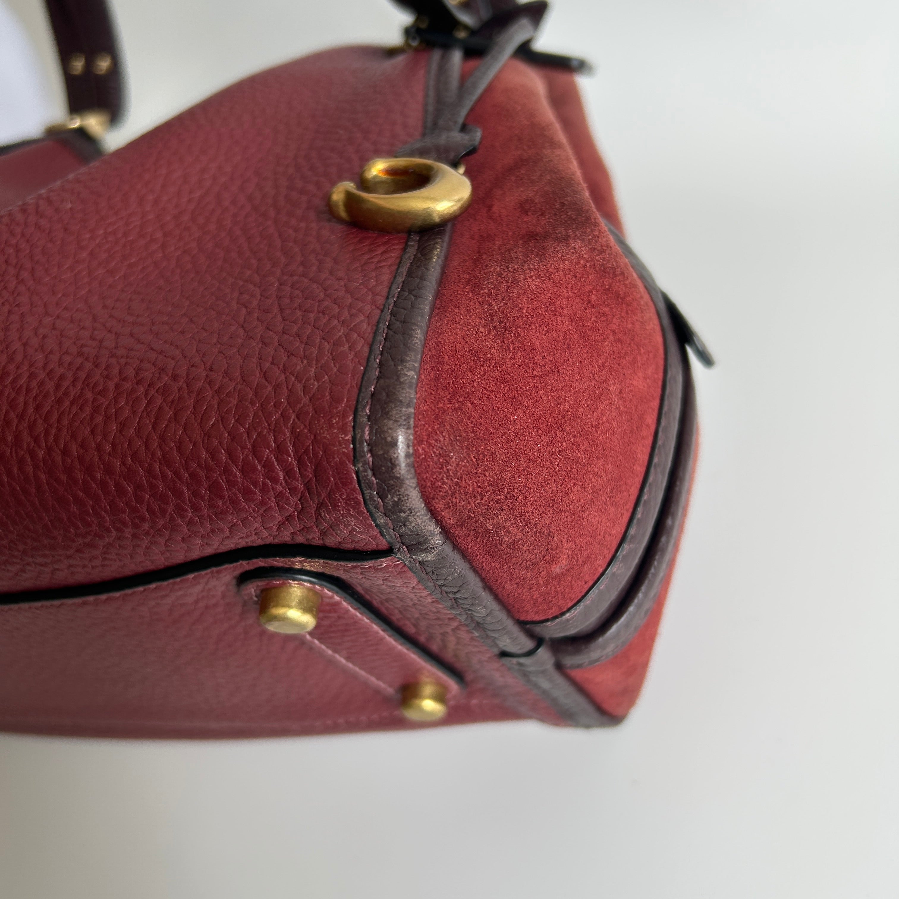 Coach Lori Wine Burgundy Pebbled Leather Suede Shoulder Bag C5265 Good
