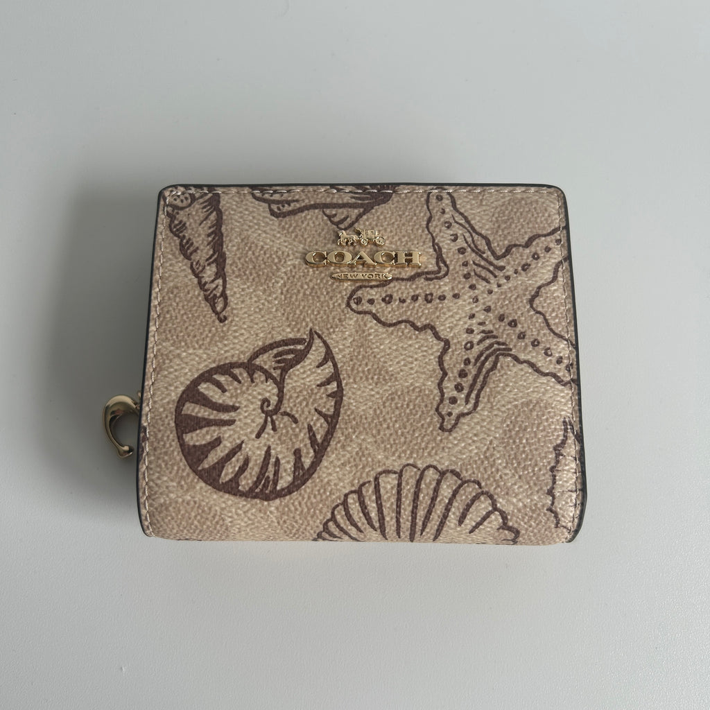 Coach Snap Wallet Seashell Print Khaki Brown Signature Canvas Excellent