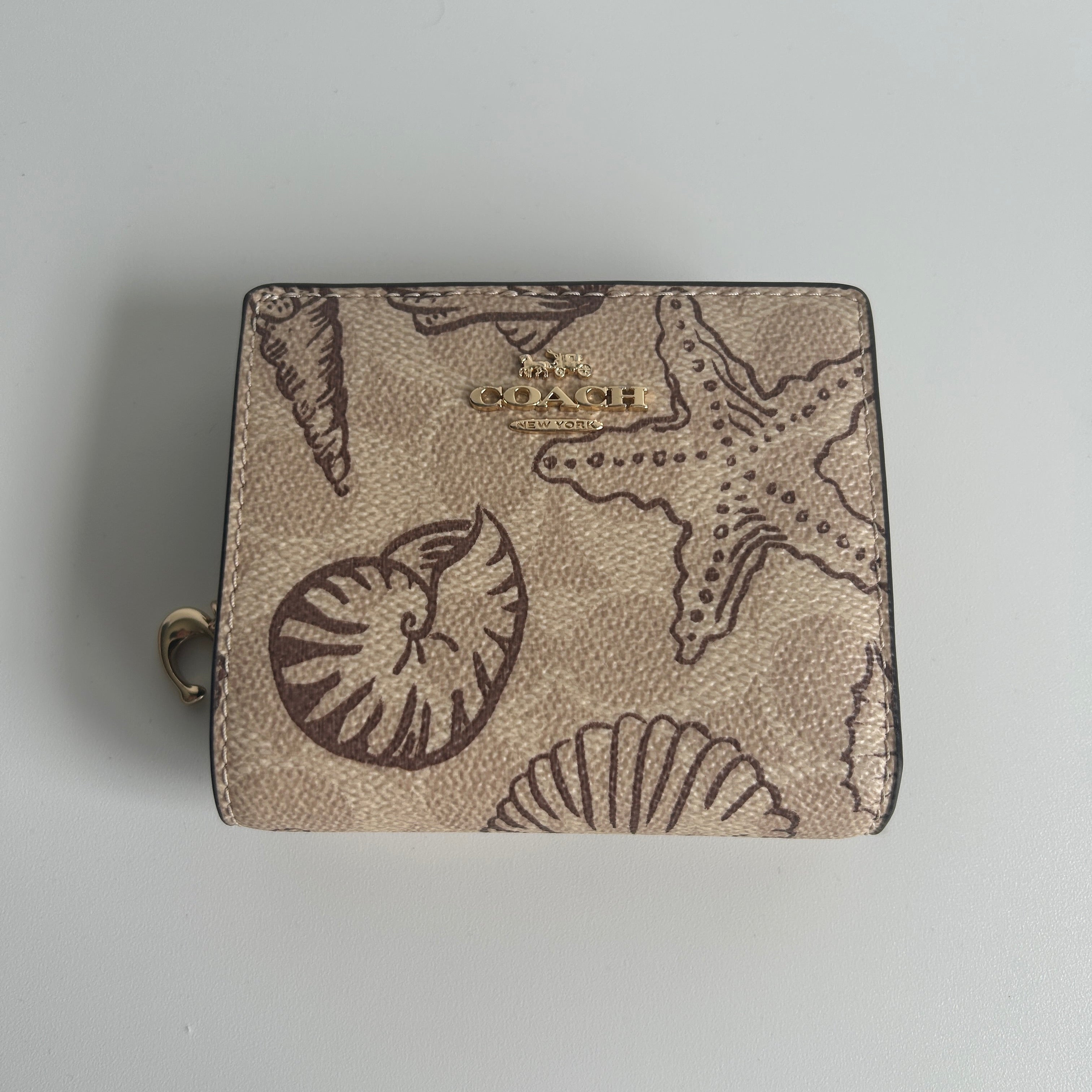 Coach Snap Wallet Seashell Print Khaki Brown Signature Canvas Excellent