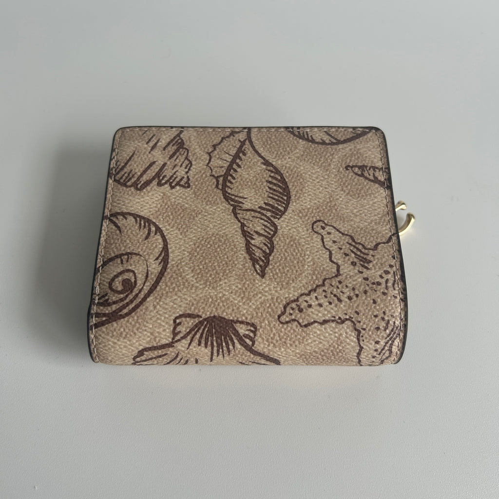Coach Snap Wallet Seashell Print Khaki Brown Signature Canvas Excellent