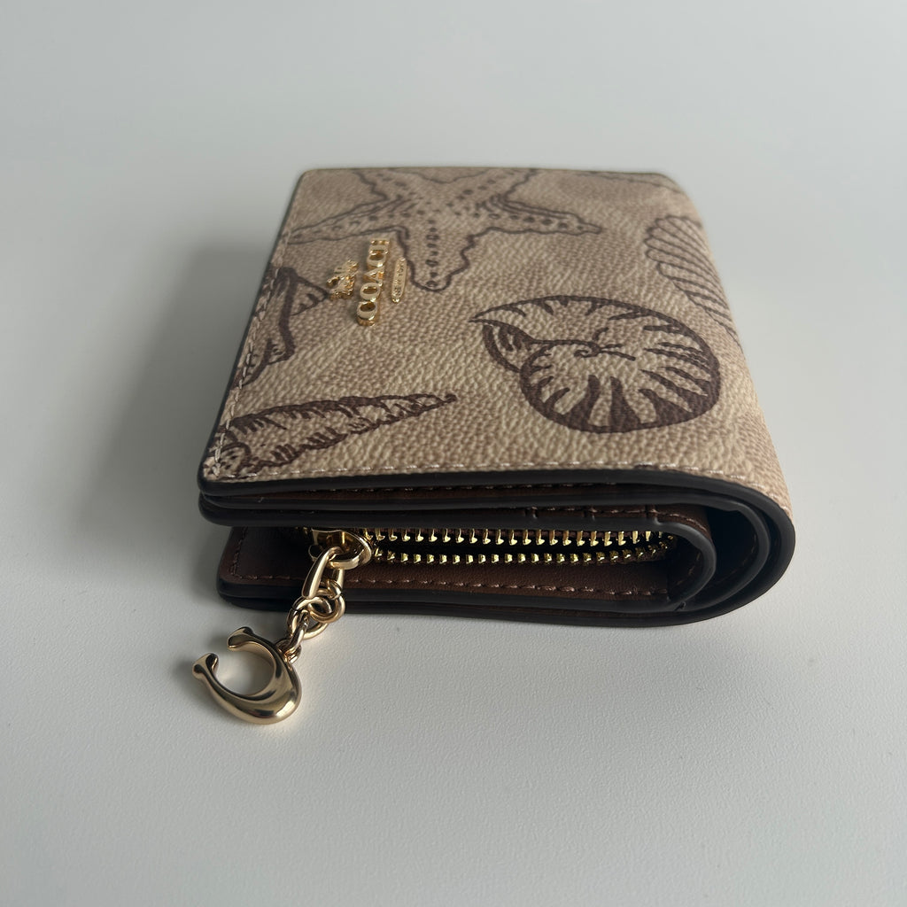 Coach Snap Wallet Seashell Print Khaki Brown Signature Canvas Excellent