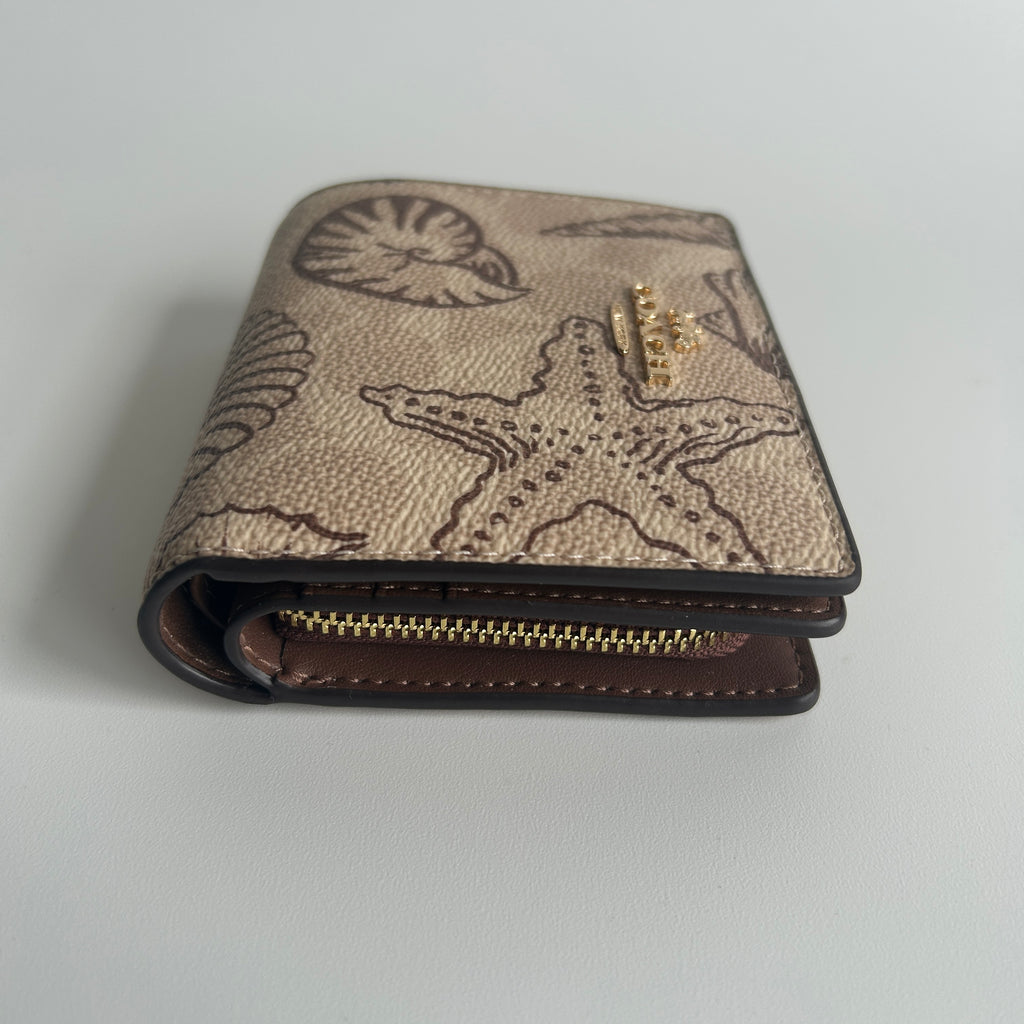 Coach Snap Wallet Seashell Print Khaki Brown Signature Canvas Excellent