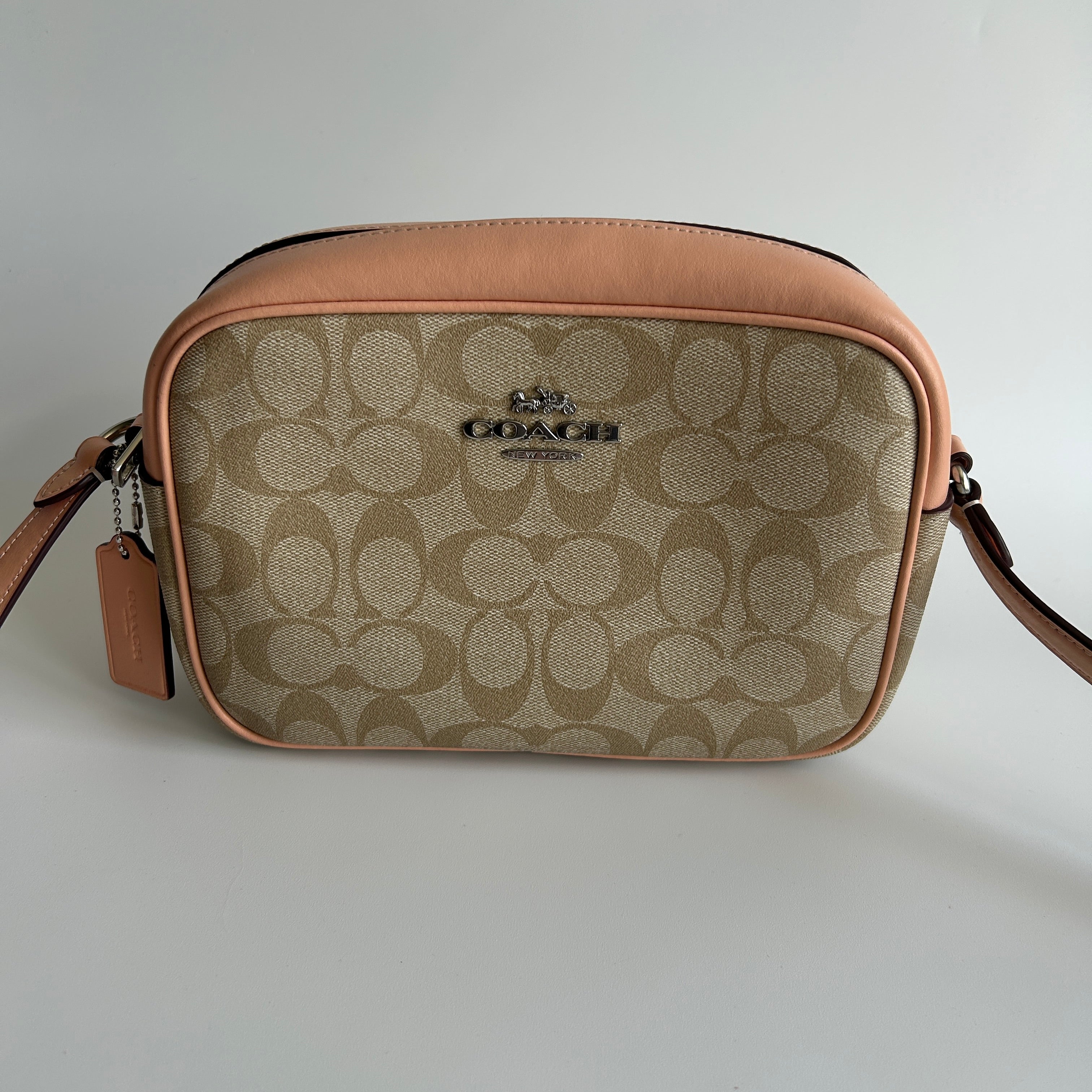 Coach Jamie Camera Bag Khaki Peach Signature Canvas Leather Crossbody Excellent