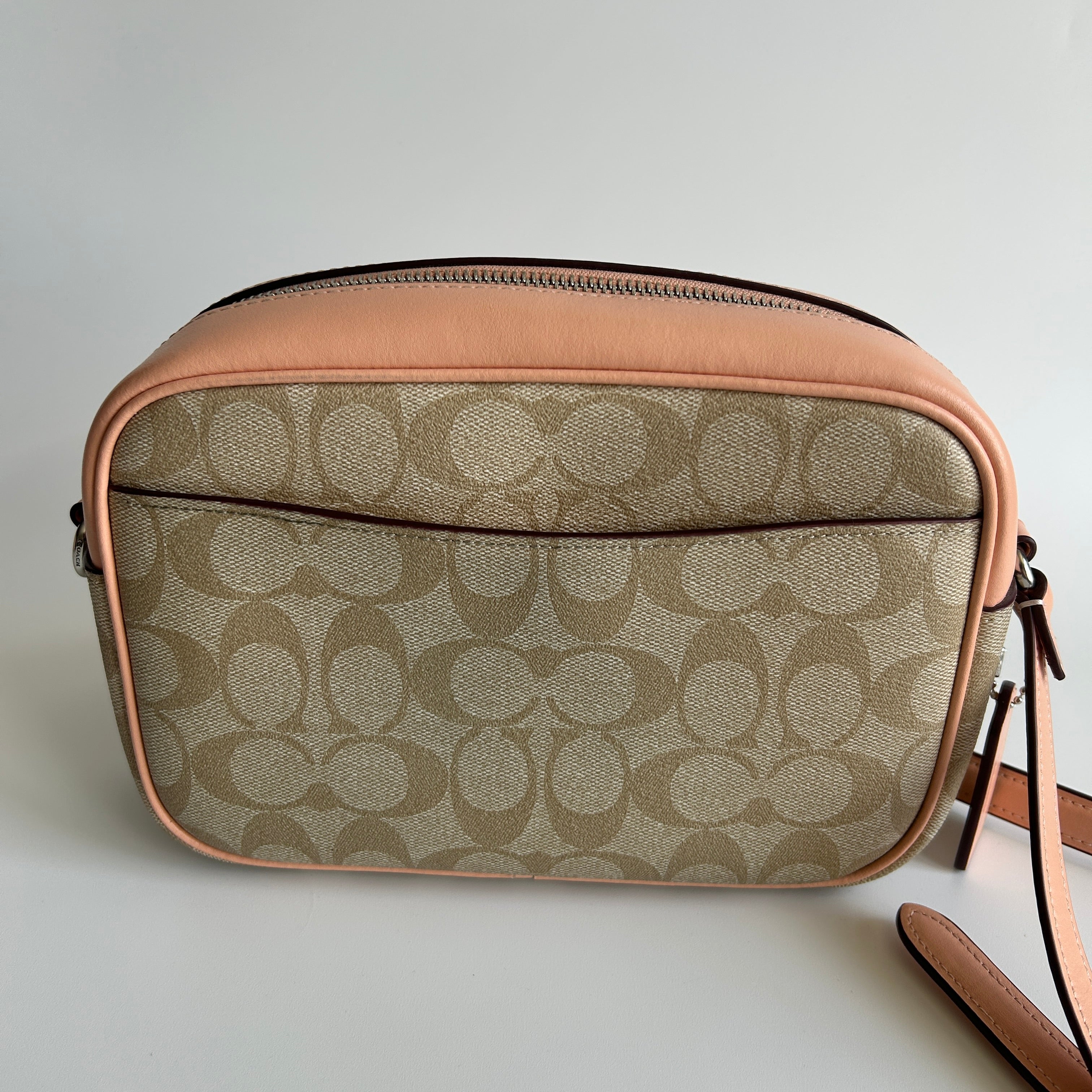 Coach Jamie Camera Bag Khaki Peach Signature Canvas Leather Crossbody Excellent