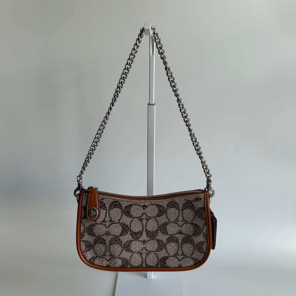 Coach Swinger 20 Brown Signature Crystal Jacquard Leather Shoulder Bag Excellent