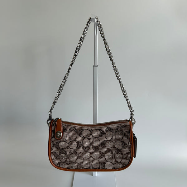 Coach Swinger 20 Brown Signature Crystal Jacquard Leather Shoulder Bag Excellent