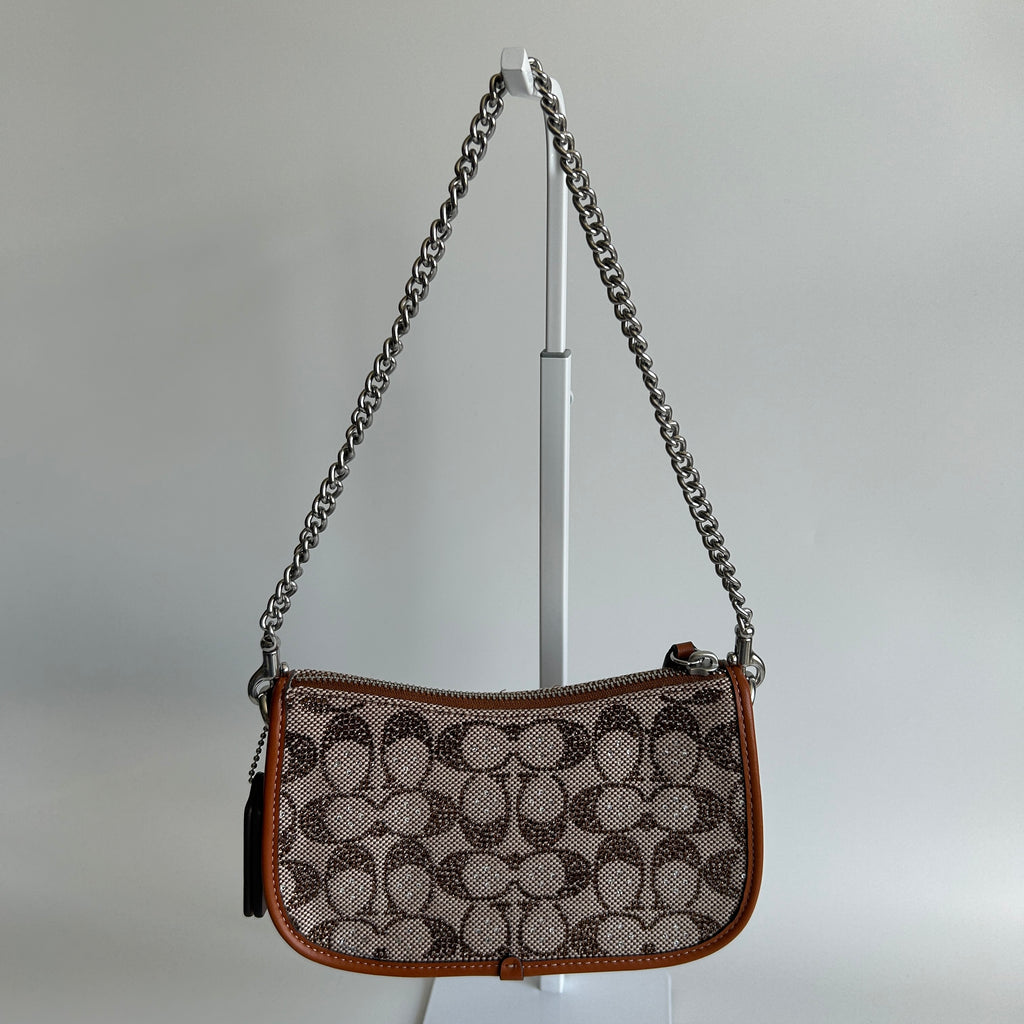 Coach Swinger 20 Brown Signature Crystal Jacquard Leather Shoulder Bag Excellent