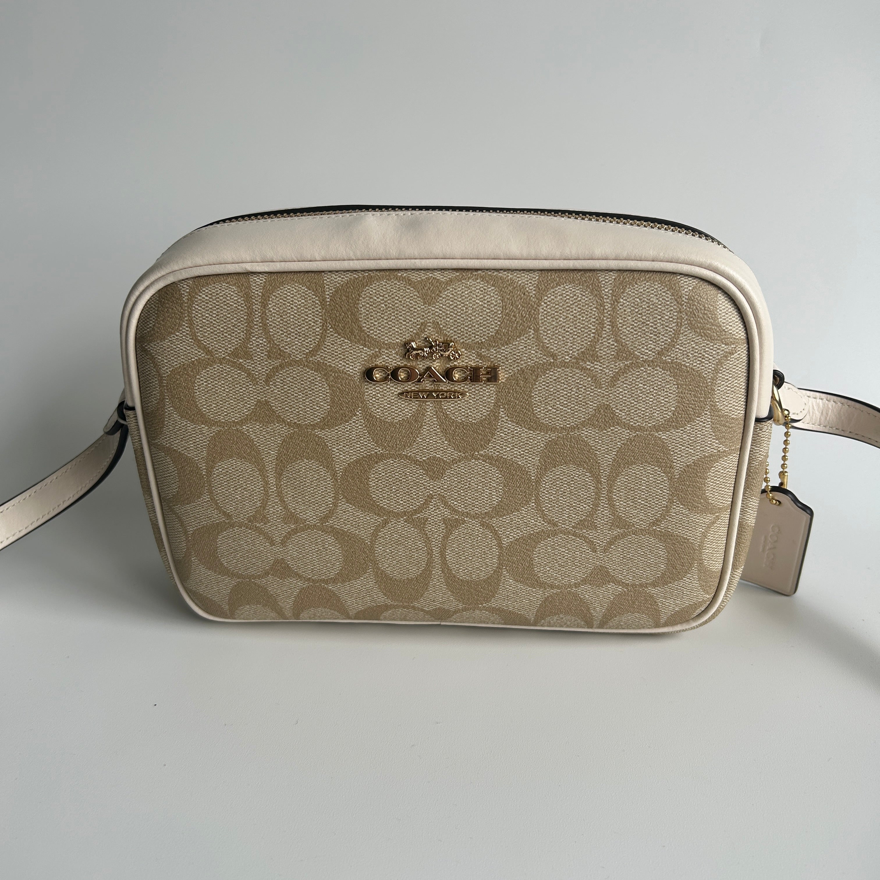 Coach Jamie Chalk White Signature Canvas Leather Camera Bag Good