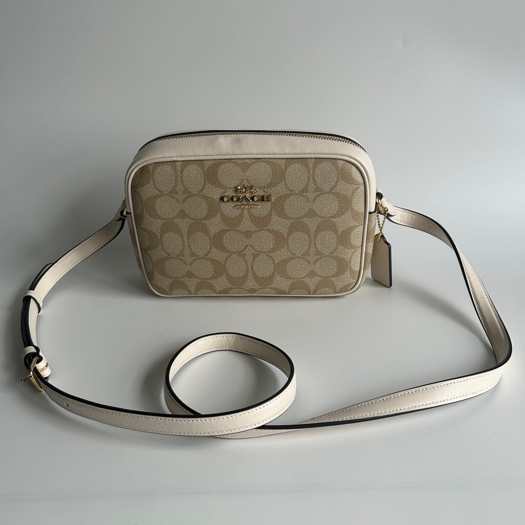 Coach Jamie Chalk White Signature Canvas Leather Camera Bag Good