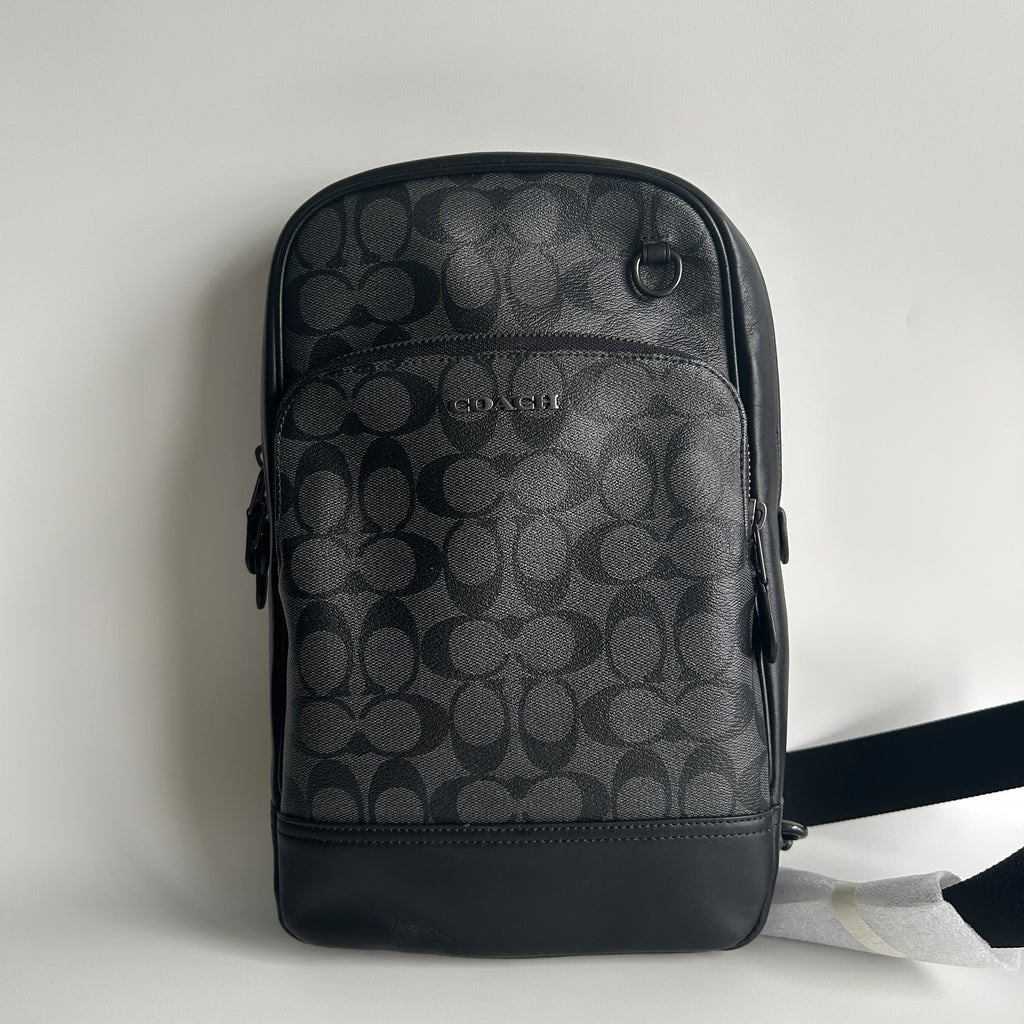Coach Graham Pack Charcoal Black Signature Canvas Leather Sling Bag C2932 New