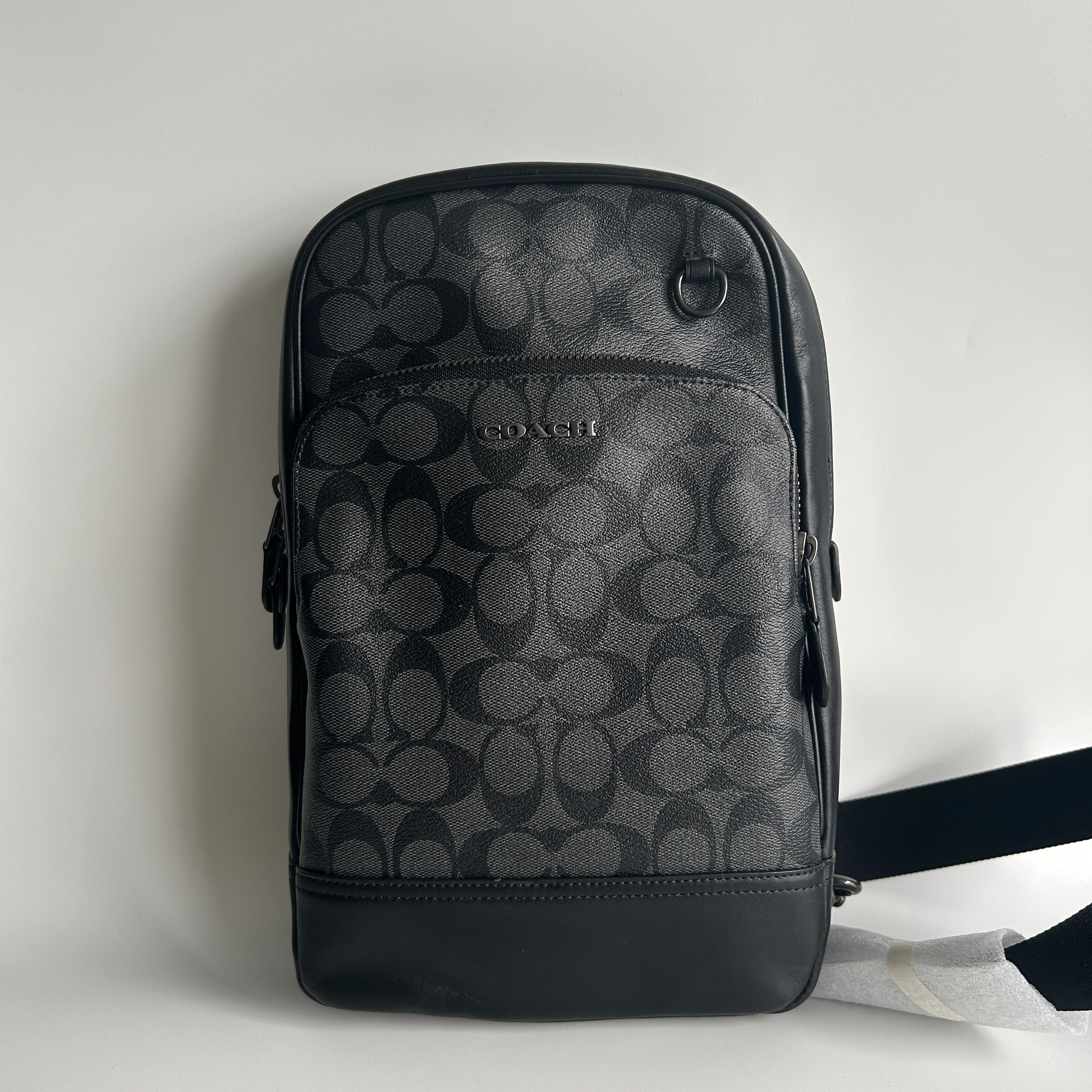Coach Graham Pack Charcoal Black Signature Canvas Leather Sling Bag C2932 New