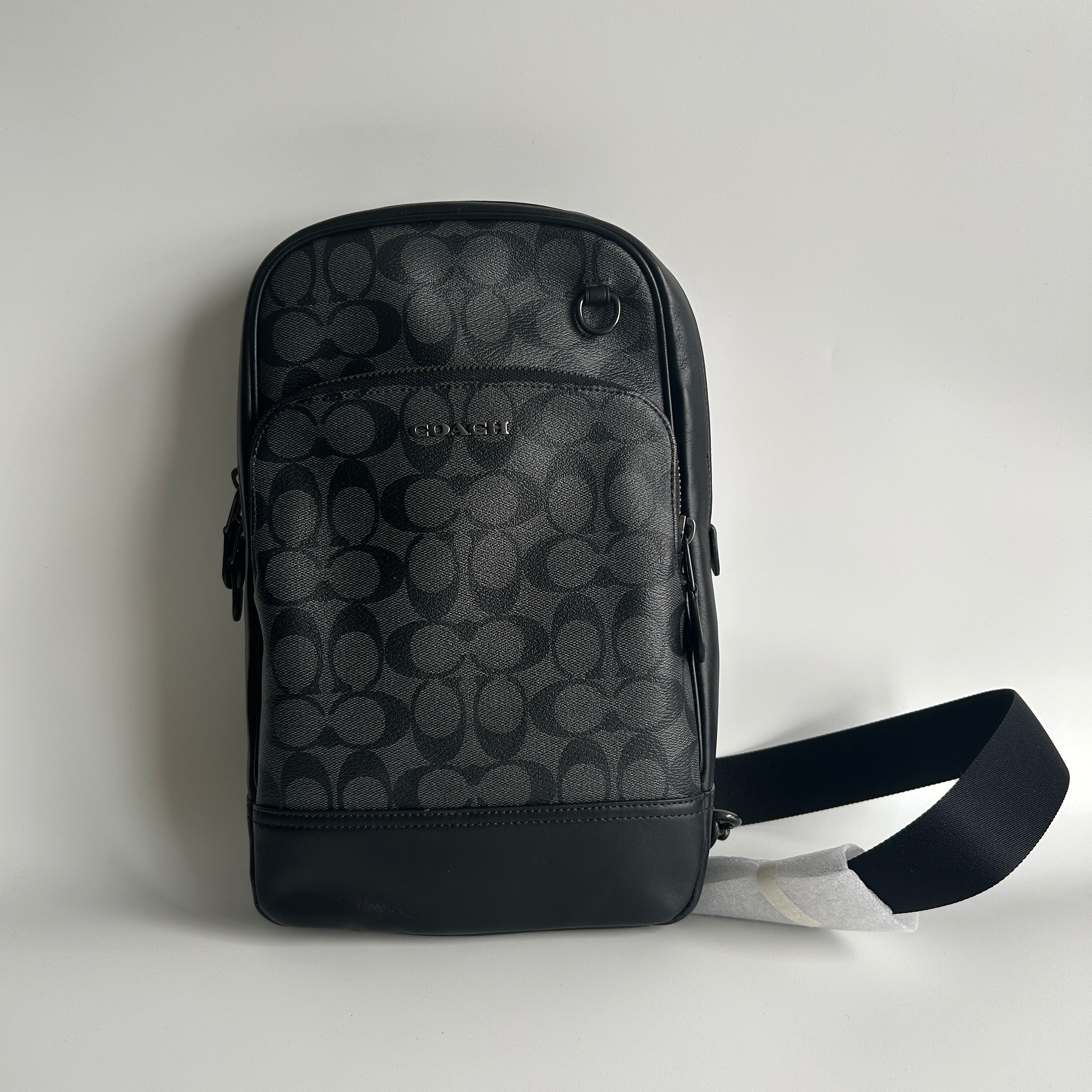 Coach Graham Pack Charcoal Black Signature Canvas Leather Sling Bag C2932 New