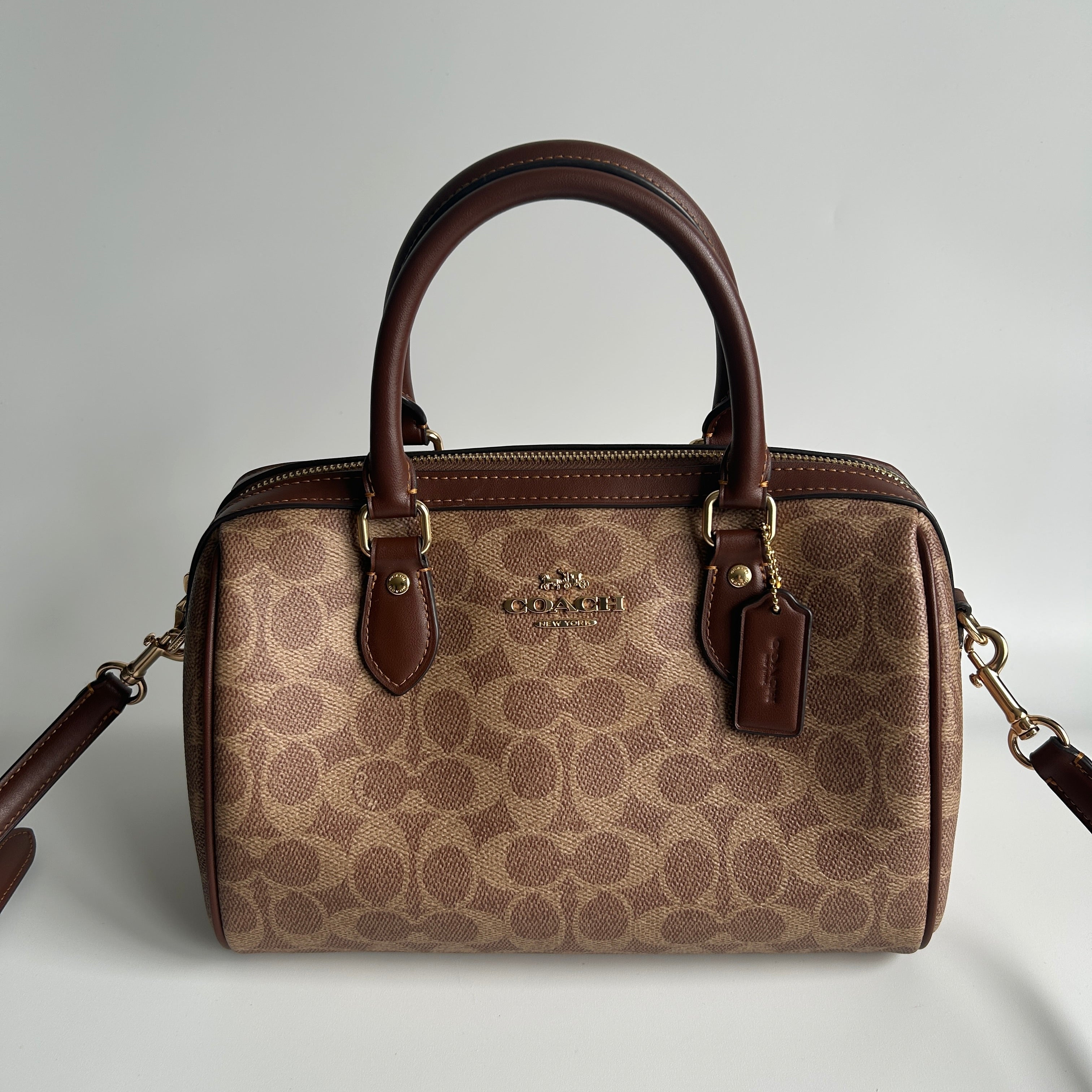 Coach Rowan Satchel Khaki Saddle Signature Canvas Leather Bag Good