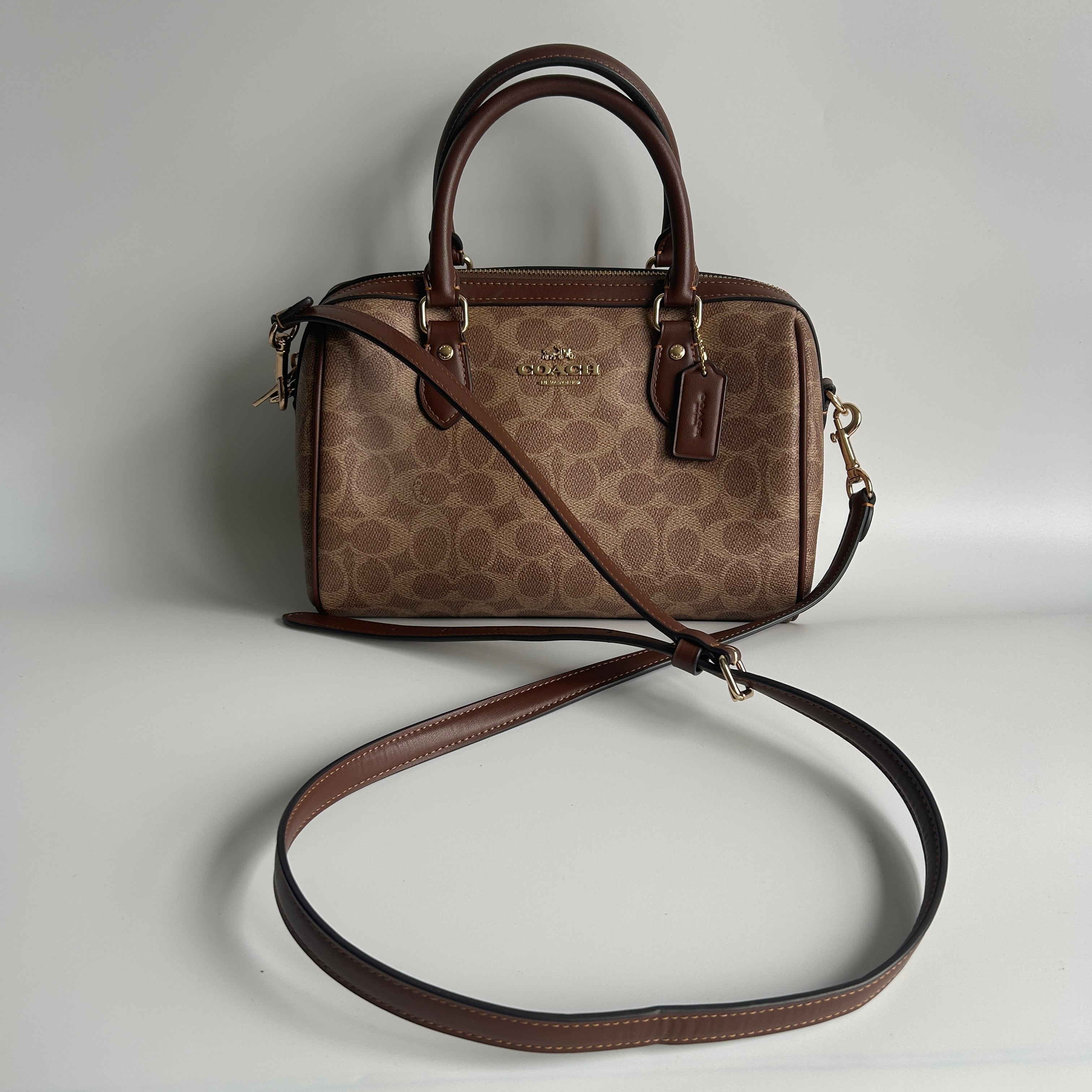 Coach Rowan Satchel Khaki Saddle Signature Canvas Leather Bag Good