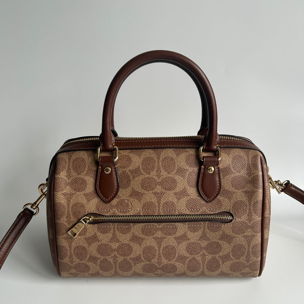 Coach Rowan Satchel Khaki Saddle Signature Canvas Leather Bag Good