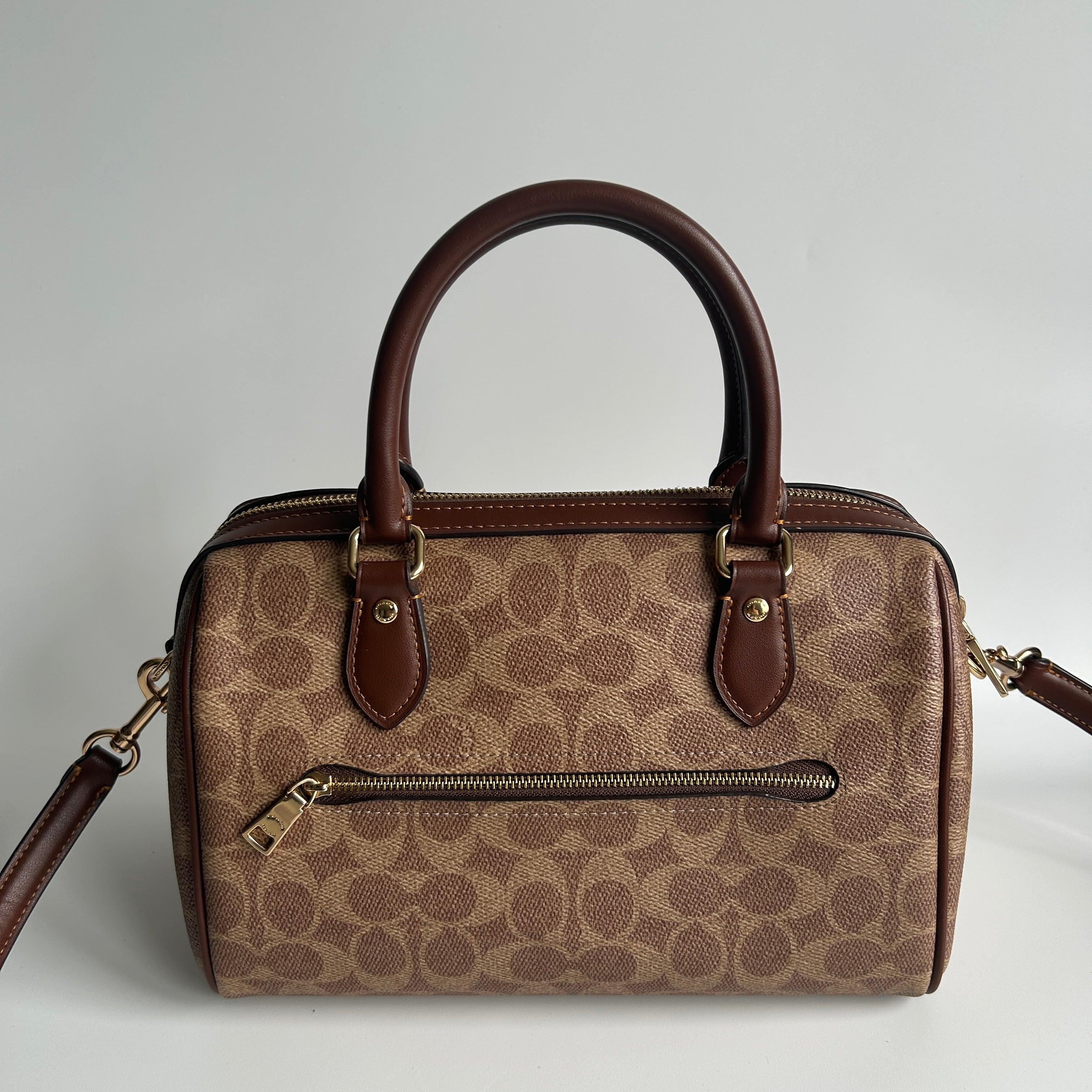 Coach Rowan Satchel Khaki Saddle Signature Canvas Leather Bag Good