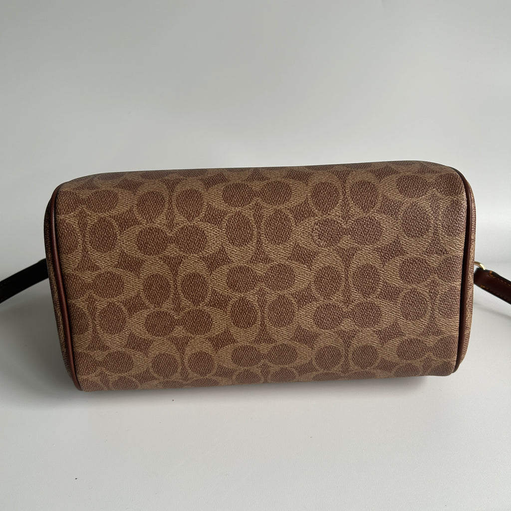 Coach Rowan Satchel Khaki Saddle Signature Canvas Leather Bag Good