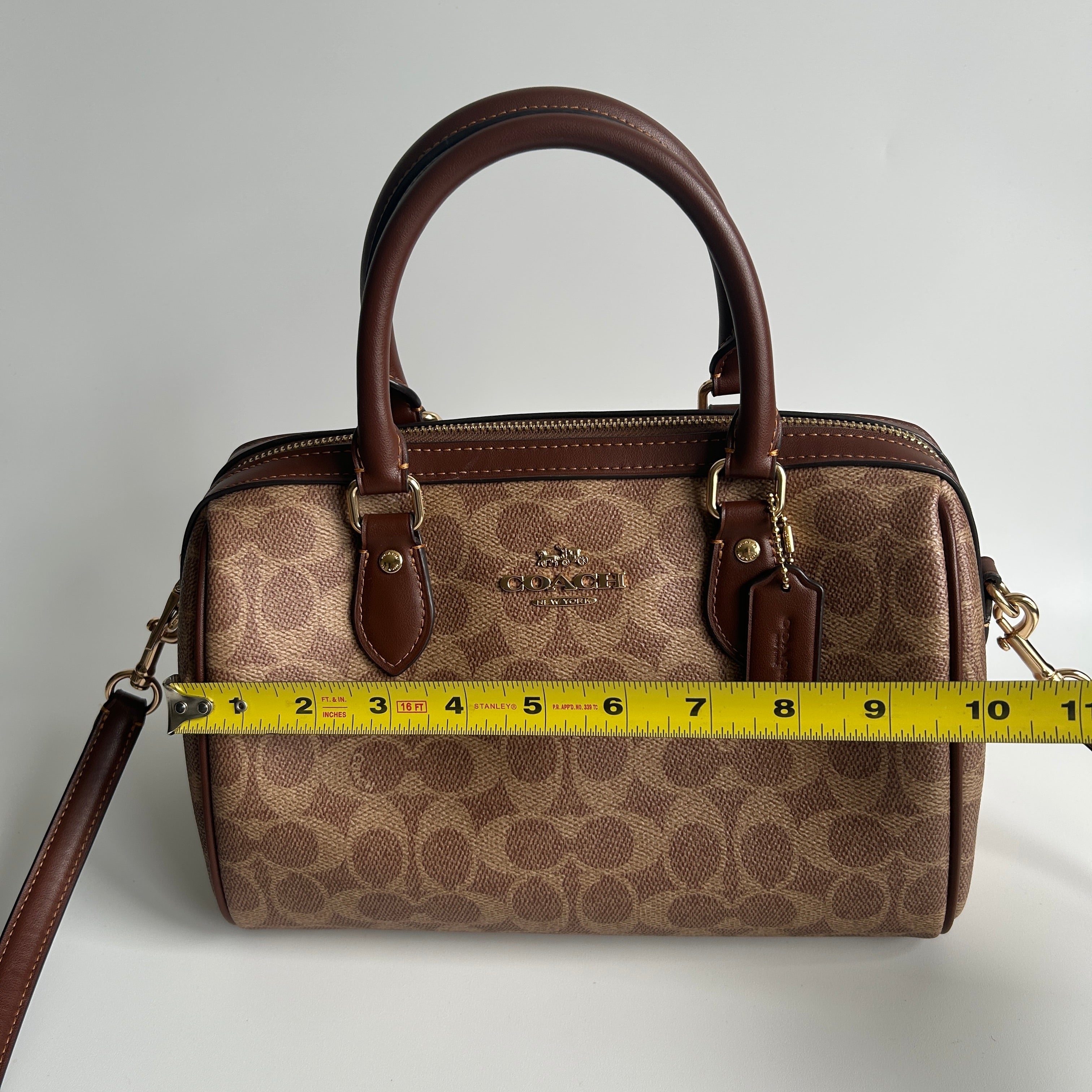 Coach Rowan Satchel Khaki Saddle Signature Canvas Leather Bag Good