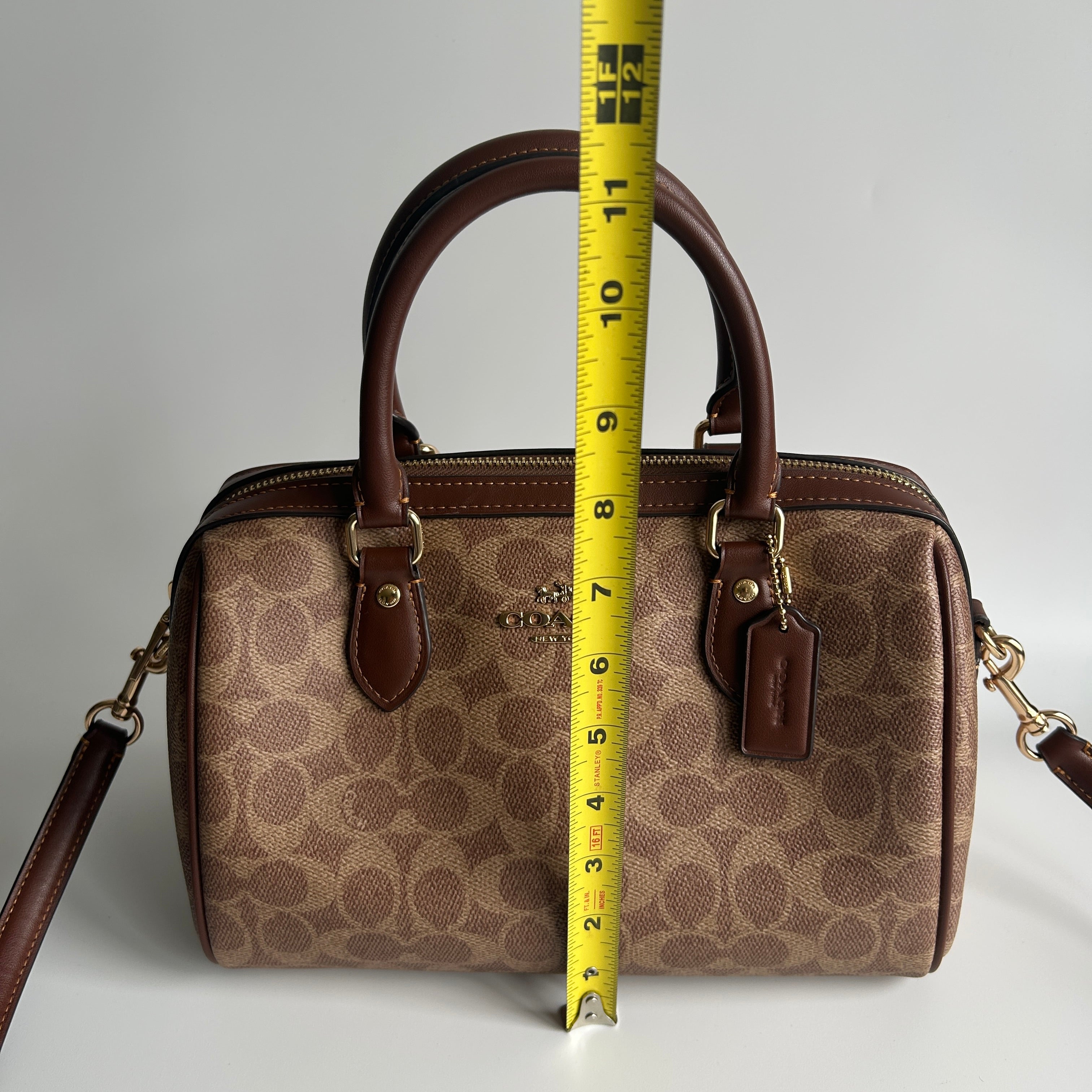 Coach Rowan Satchel Khaki Saddle Signature Canvas Leather Bag Good