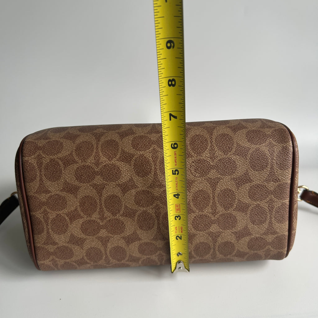 Coach Rowan Satchel Khaki Saddle Signature Canvas Leather Bag Good