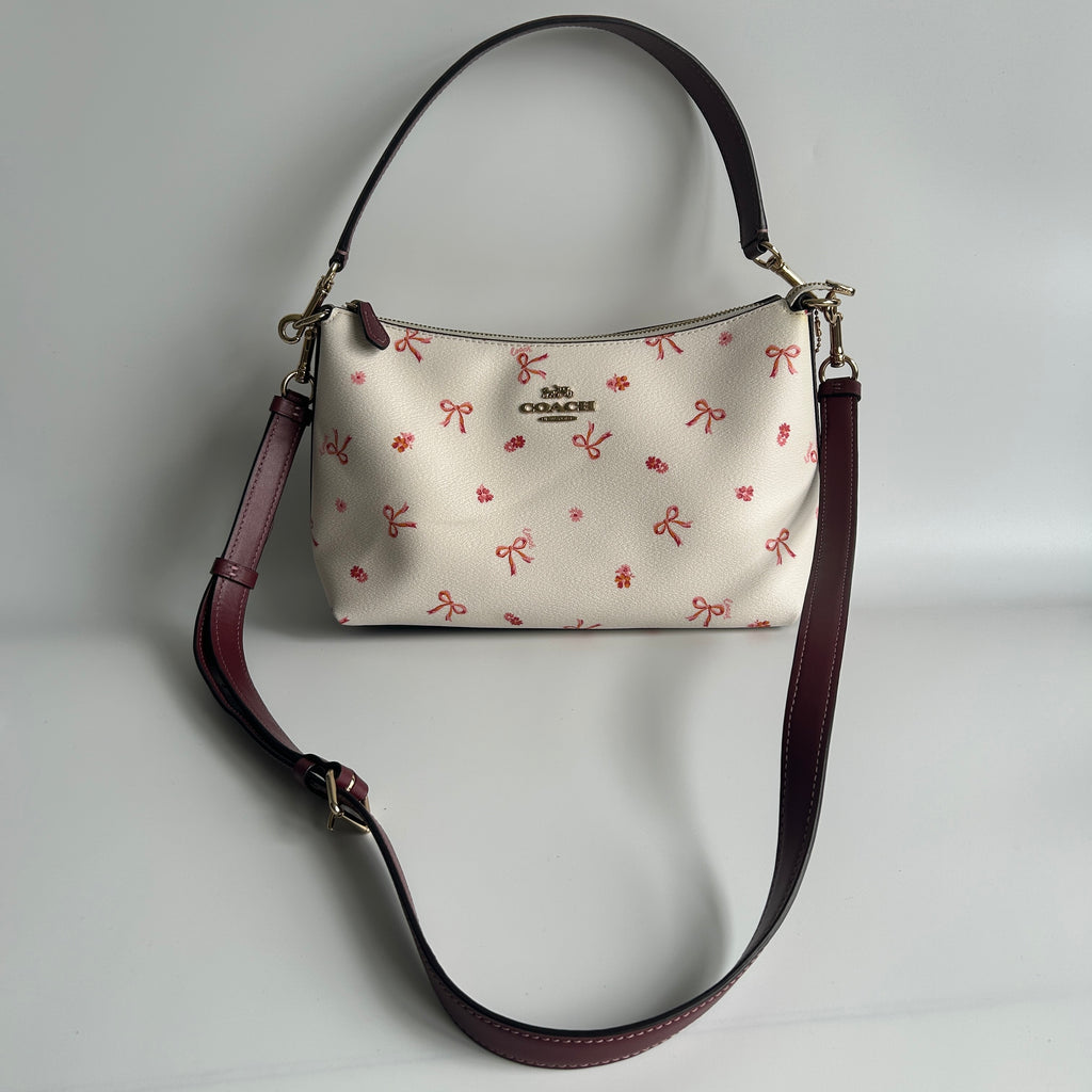 Coach Clara Chalk White Bow Print Pebbled Leather Shoulder Bag CN687 Excellent