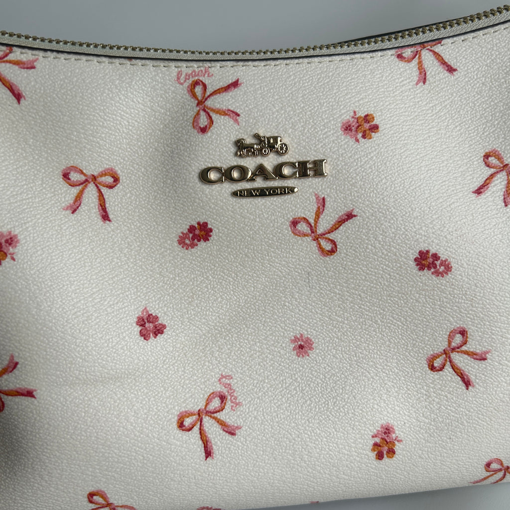 Coach Clara Chalk White Bow Print Pebbled Leather Shoulder Bag CN687 Excellent