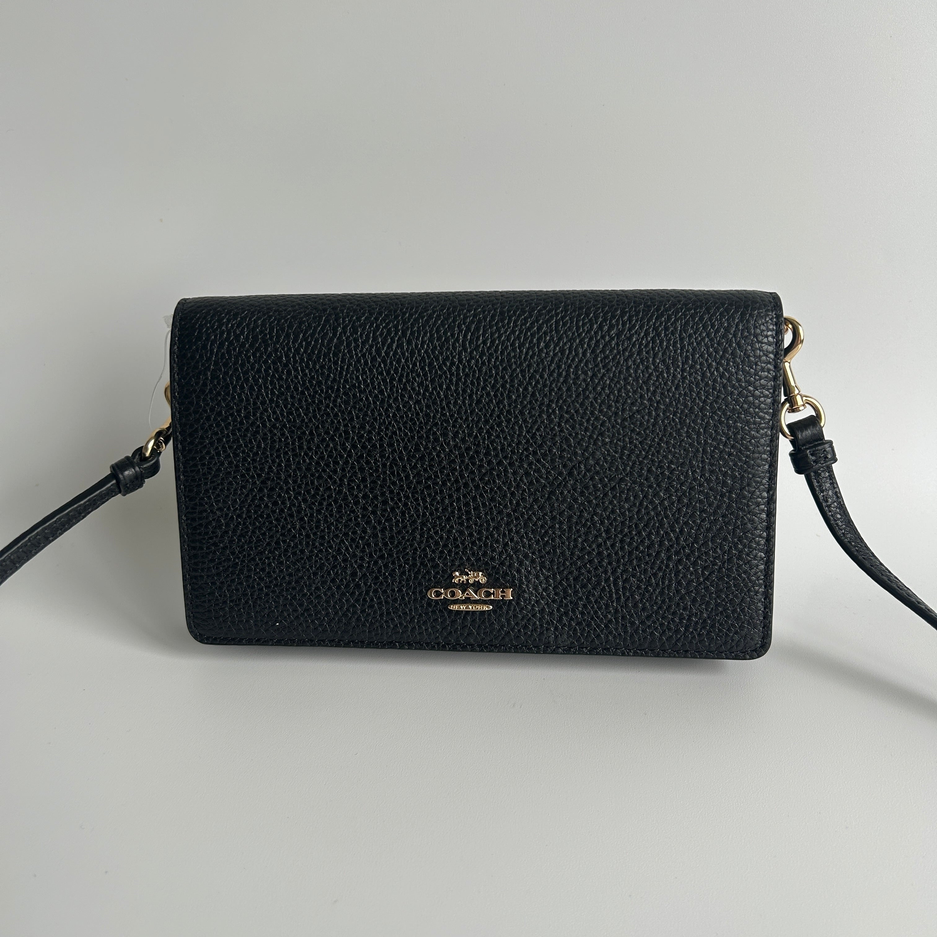 Coach Anna Foldover Clutch Black Pebbled Leather Crossbody Excellent