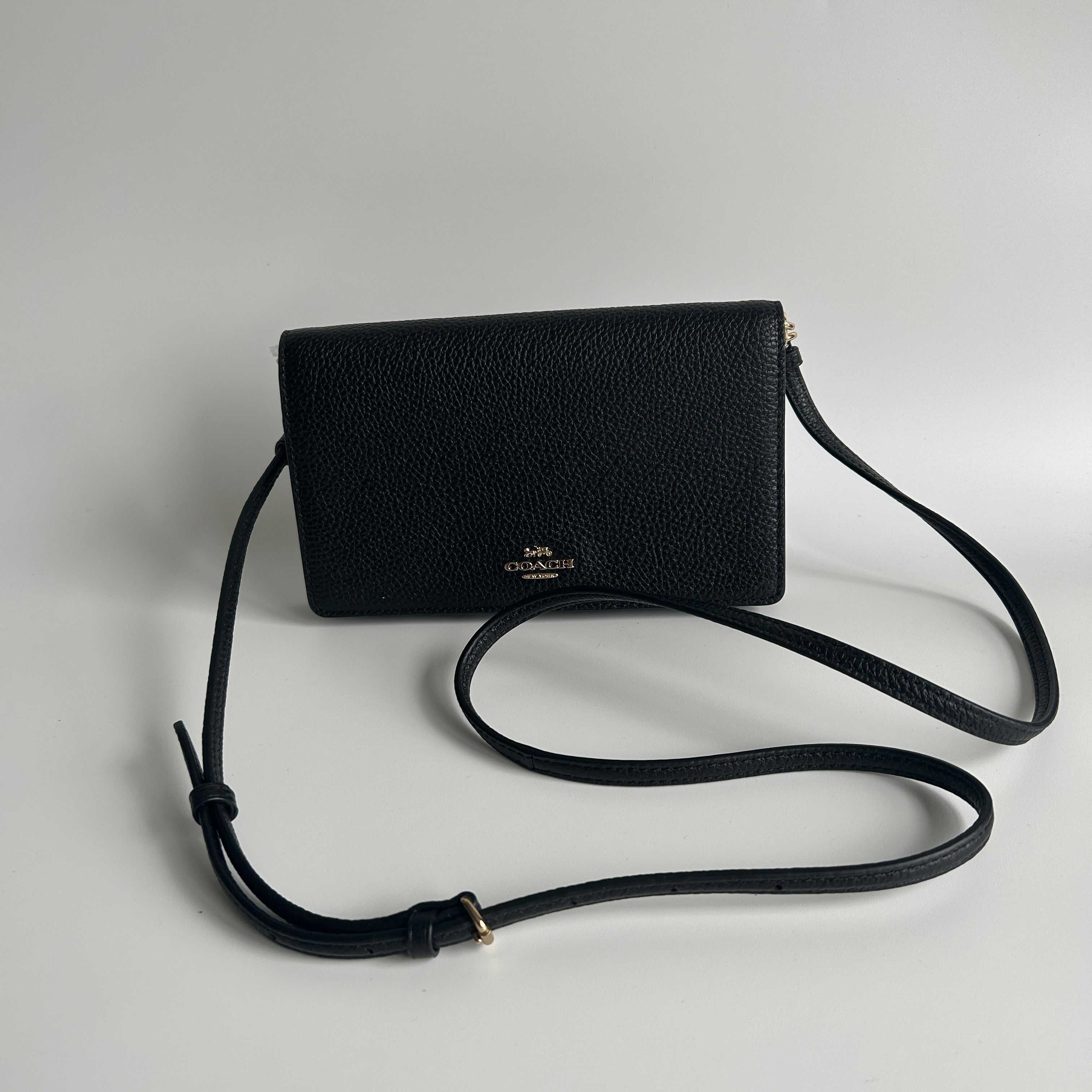 Coach Anna Foldover Clutch Black Pebbled Leather Crossbody Excellent