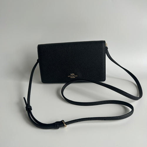 Coach Anna Foldover Clutch Black Pebbled Leather Crossbody Excellent