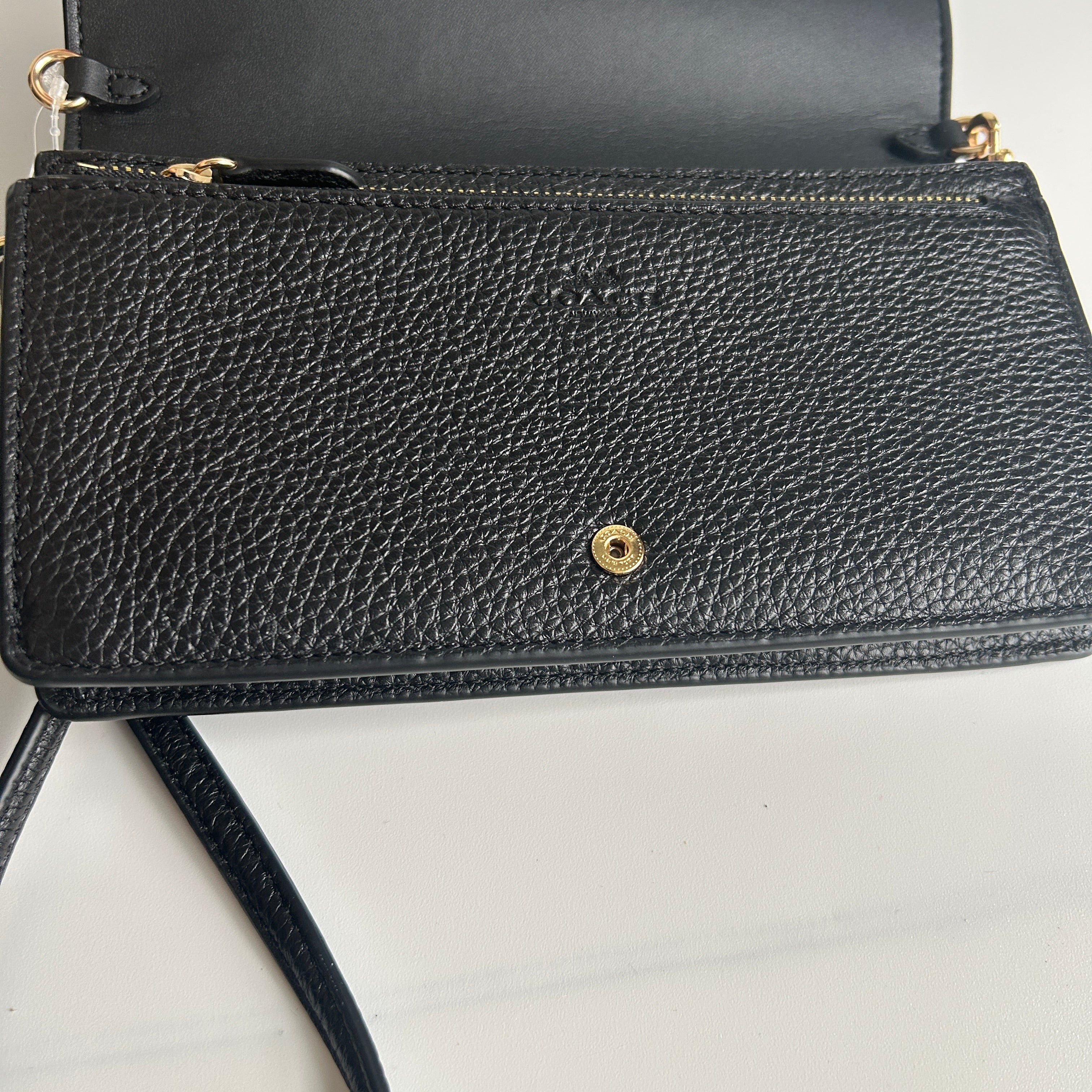 Coach Anna Foldover Clutch Black Pebbled Leather Crossbody Excellent