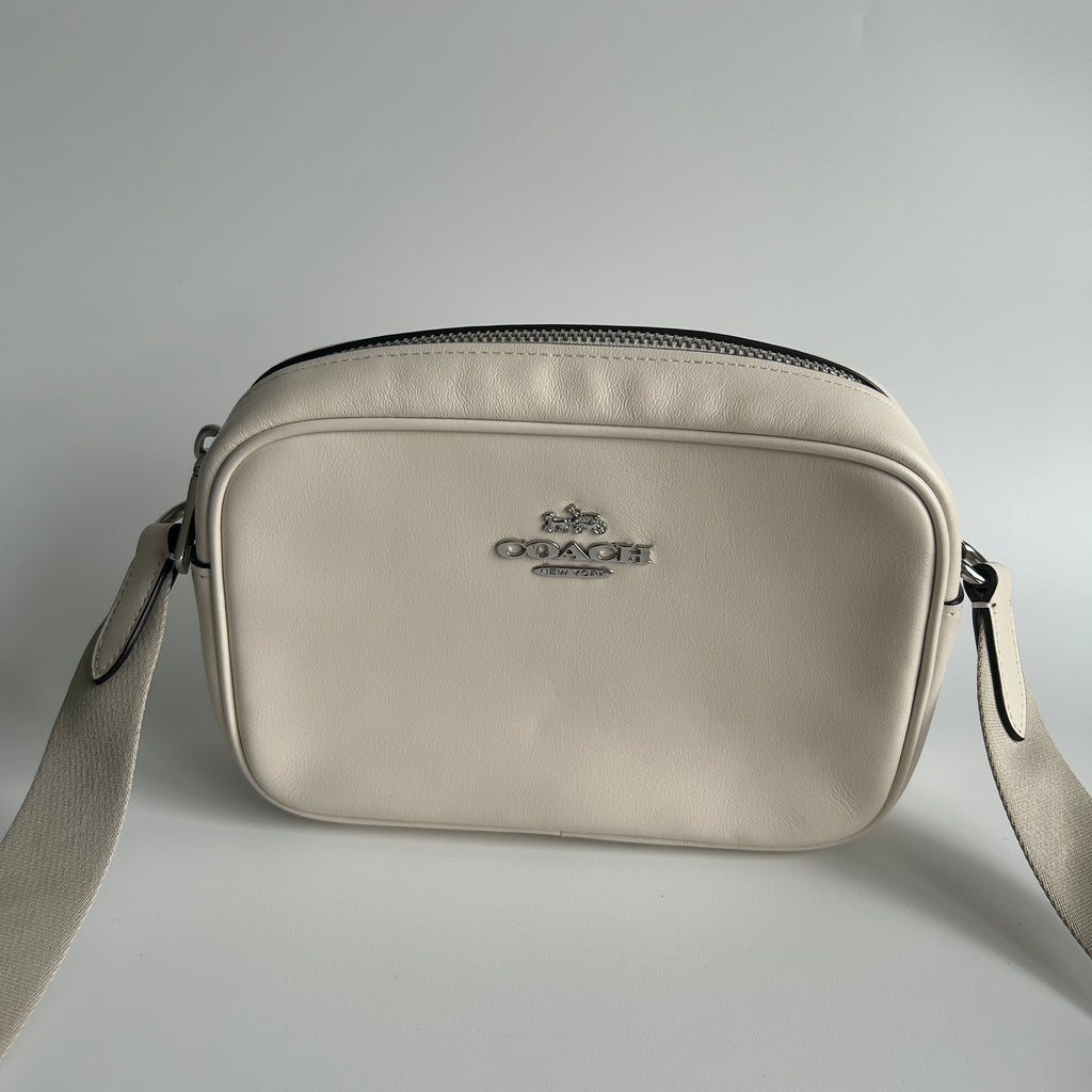 Coach Mini Jamie Chalk White Pebbled Leather Camera Bag Excellent