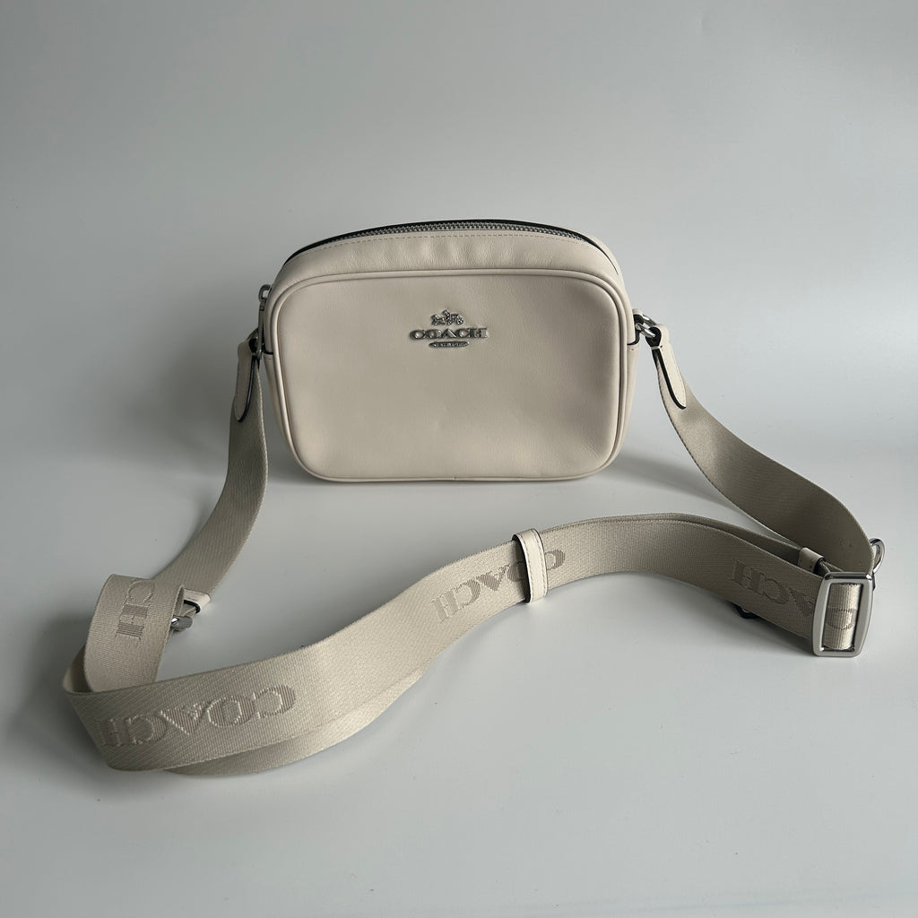 Coach Mini Jamie Chalk White Pebbled Leather Camera Bag Excellent