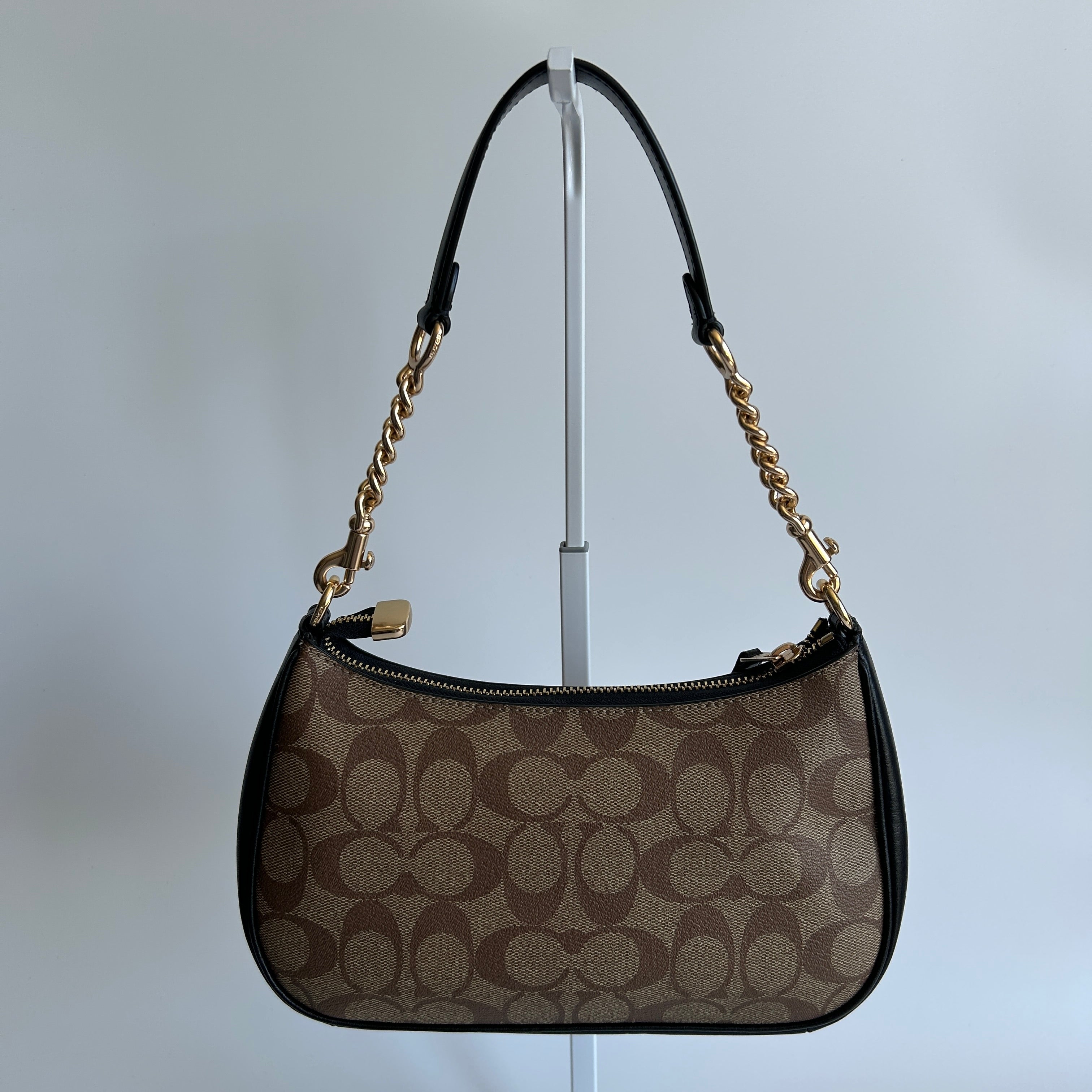Coach Teri Brown Black Signature Canvas Leather Shoulder Bag Excellent