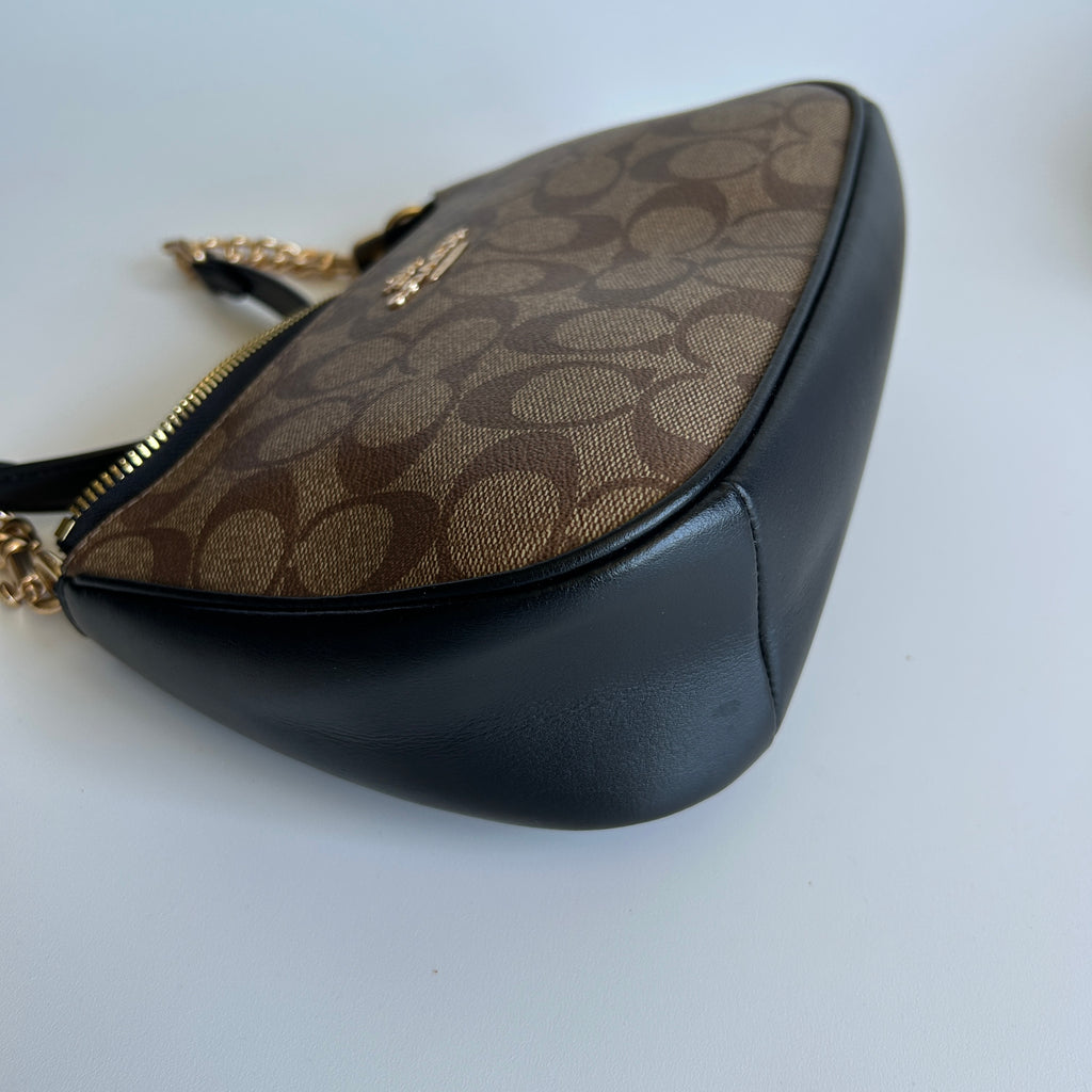 Coach Teri Brown Black Signature Canvas Leather Shoulder Bag Excellent