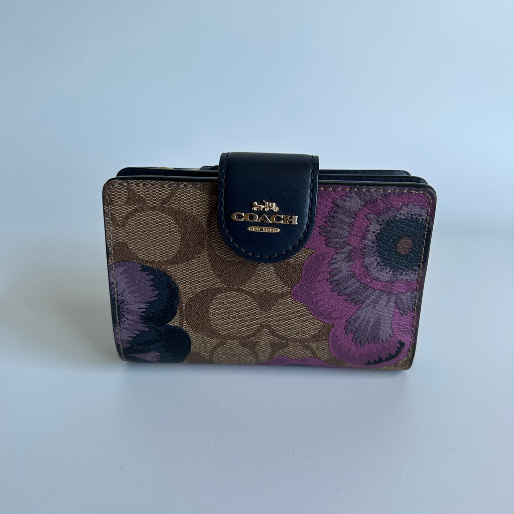 Coach Kaffe Fassett Floral Signature Canvas Medium Corner Zip Wallet Tan Navy