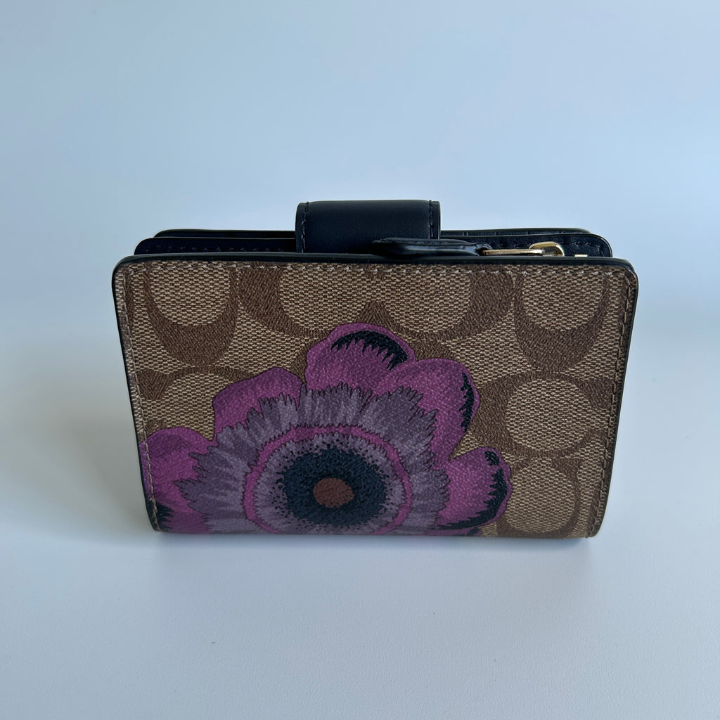 Coach Kaffe Fassett Floral Signature Canvas Medium Corner Zip Wallet Tan Navy