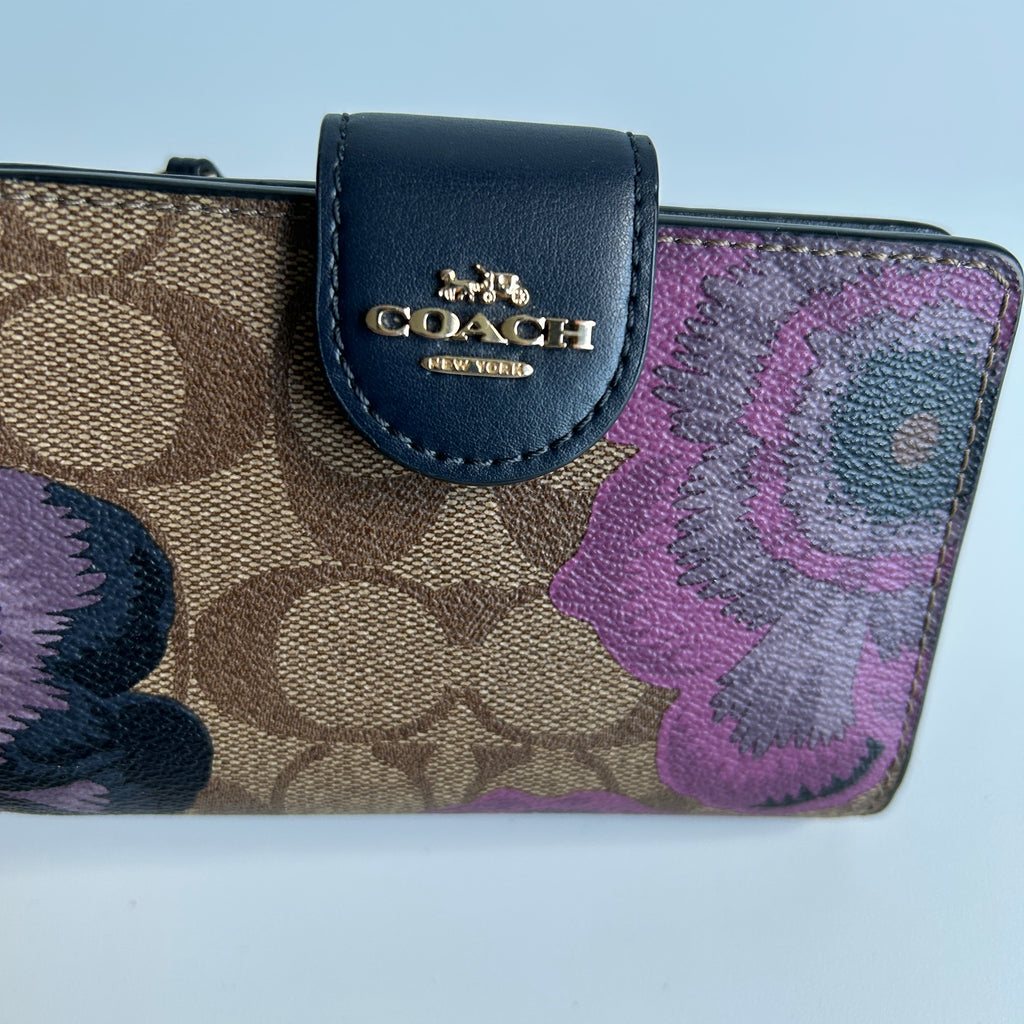 Coach Kaffe Fassett Floral Signature Canvas Medium Corner Zip Wallet Tan Navy
