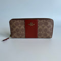 Coach Accordion Zip Brown Signature Canvas Red Leather Wallet Excellent