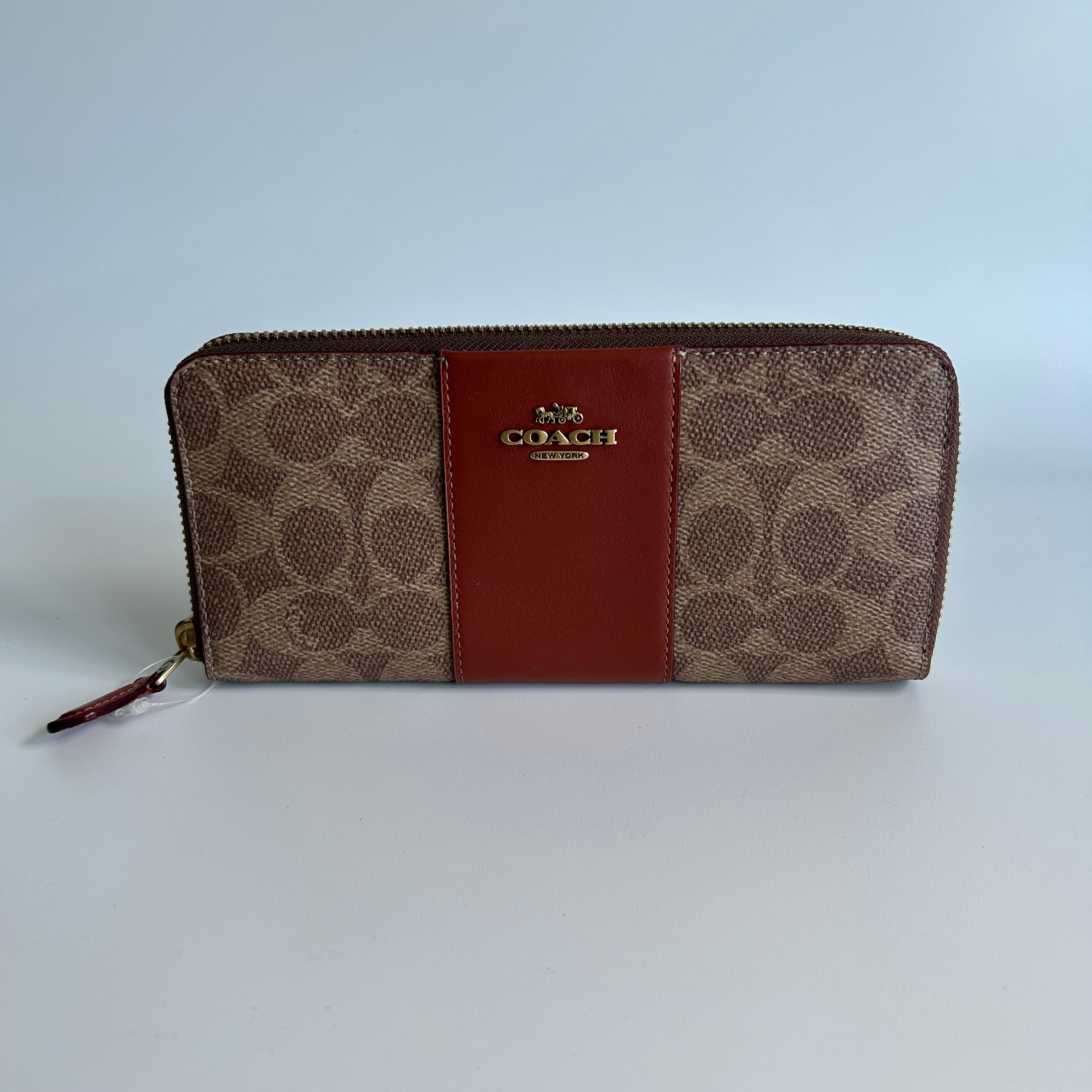 Coach Accordion Zip Brown Signature Canvas Red Leather Wallet Excellent