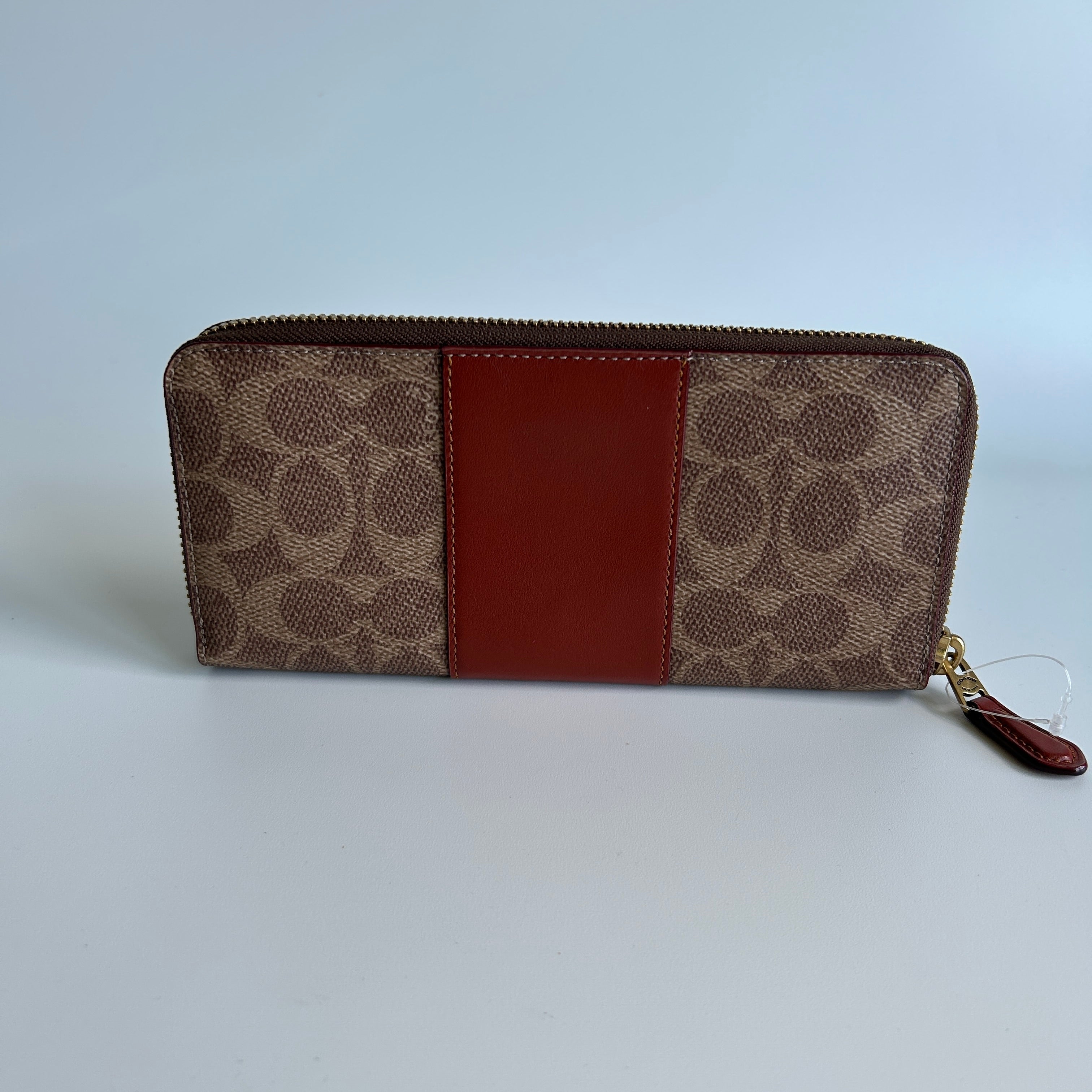 Coach Accordion Zip Brown Signature Canvas Red Leather Wallet Excellent