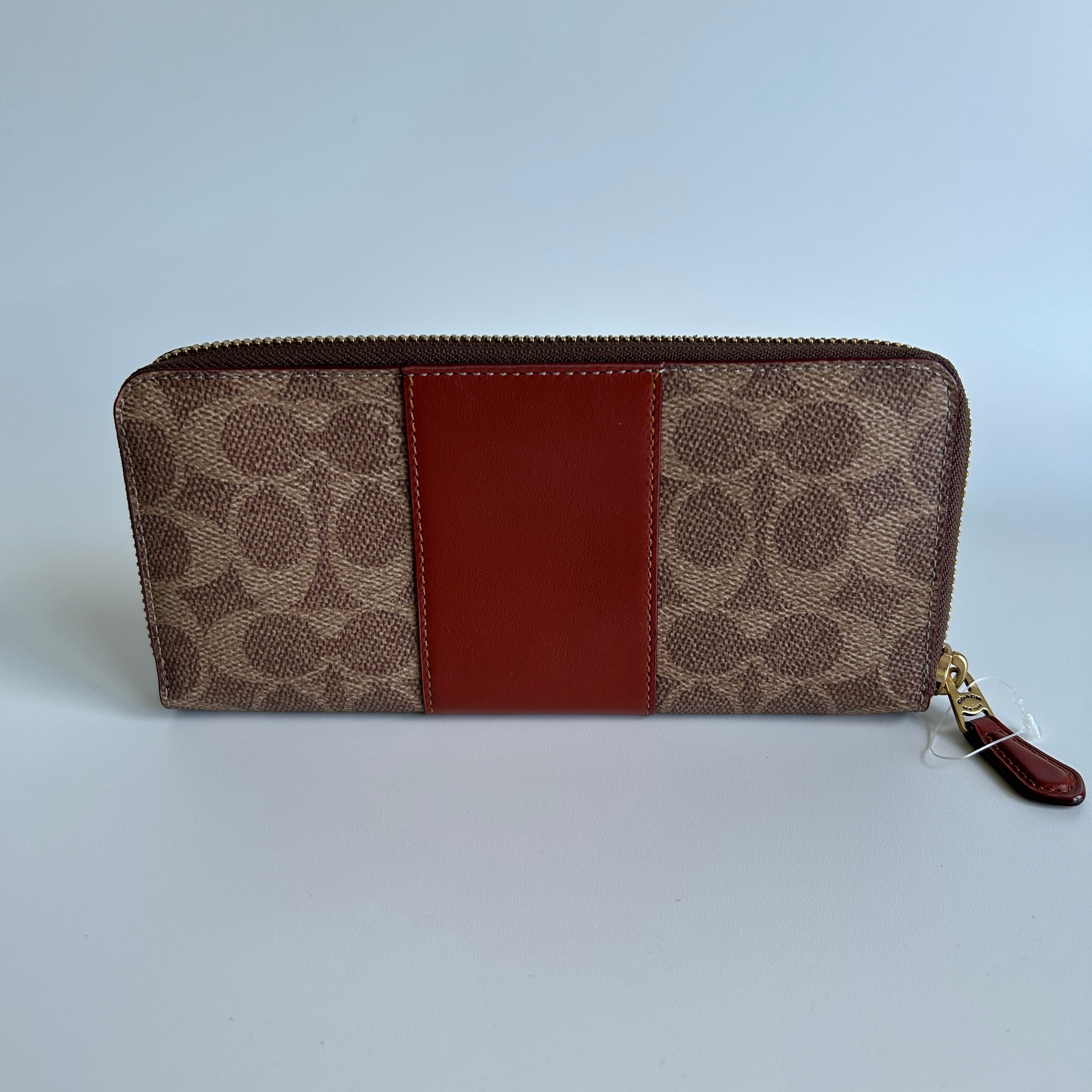 Coach Accordion Zip Brown Signature Canvas Red Leather Wallet Excellent