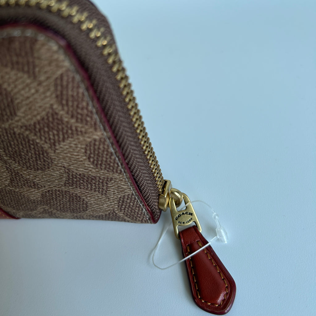 Coach Accordion Zip Brown Signature Canvas Red Leather Wallet Excellent