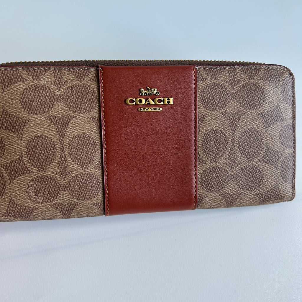 Coach Accordion Zip Brown Signature Canvas Red Leather Wallet Excellent