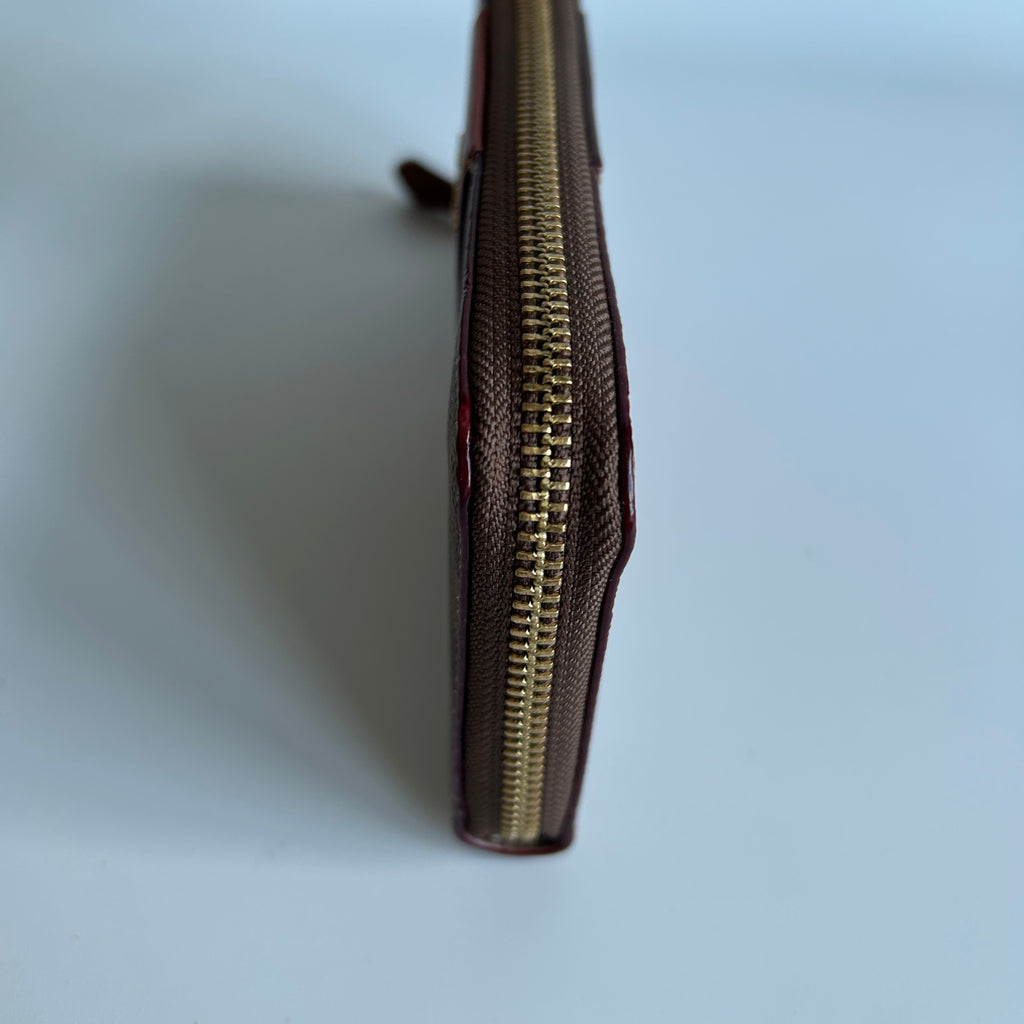 Coach Accordion Zip Brown Signature Canvas Red Leather Wallet Excellent
