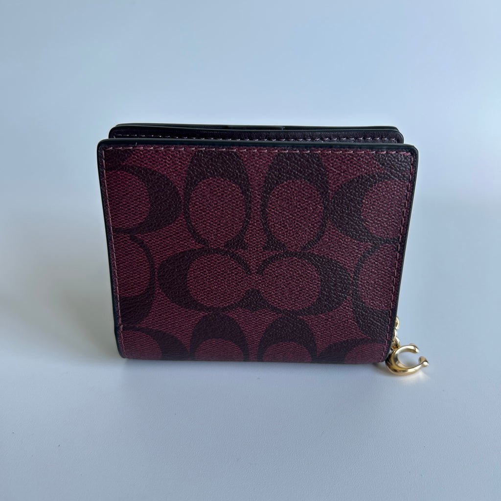 Coach Snap Wallet Wine Black Cherry Signature Canvas C3321 Excellent