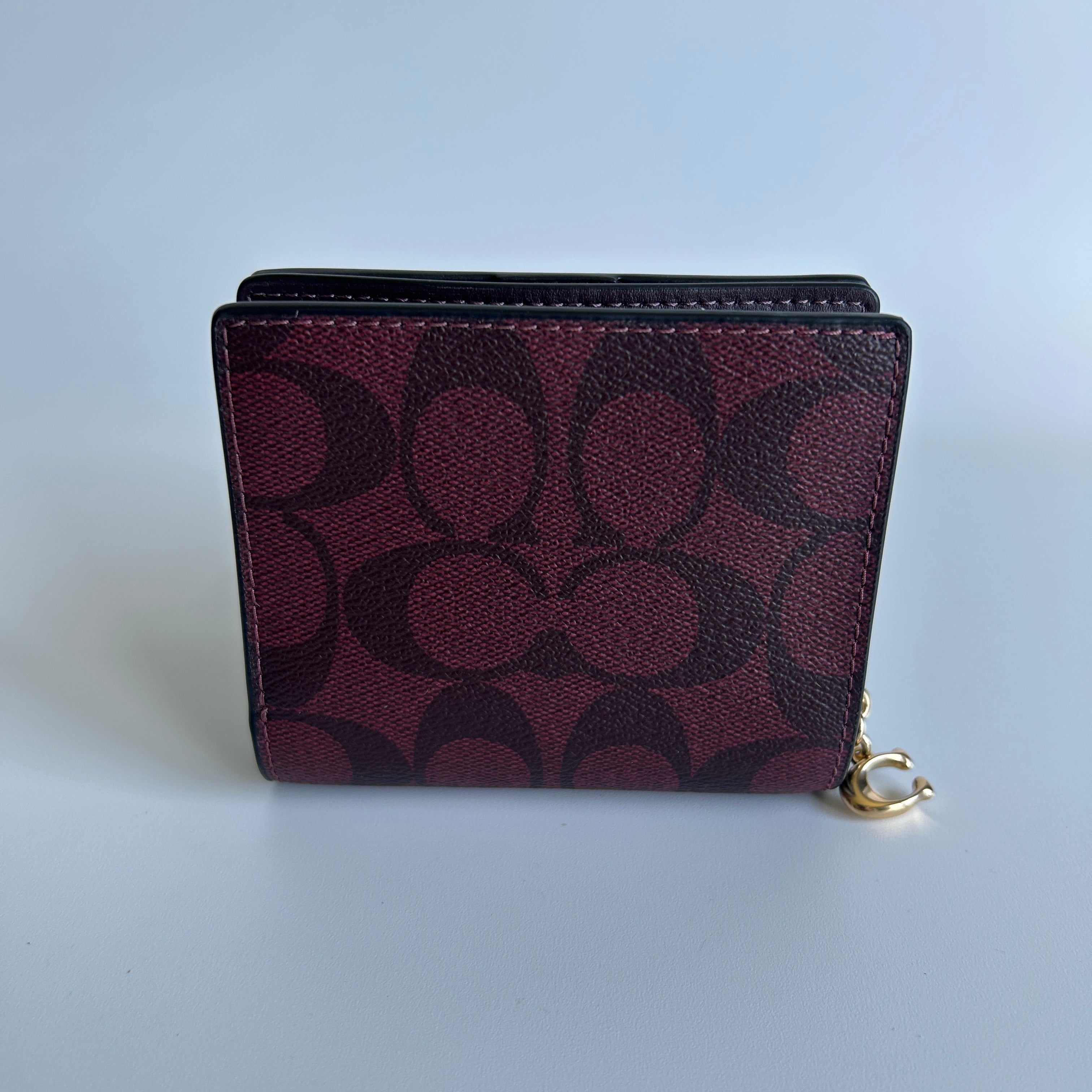 Coach Snap Wallet Wine Black Cherry Signature Canvas C3321 Excellent